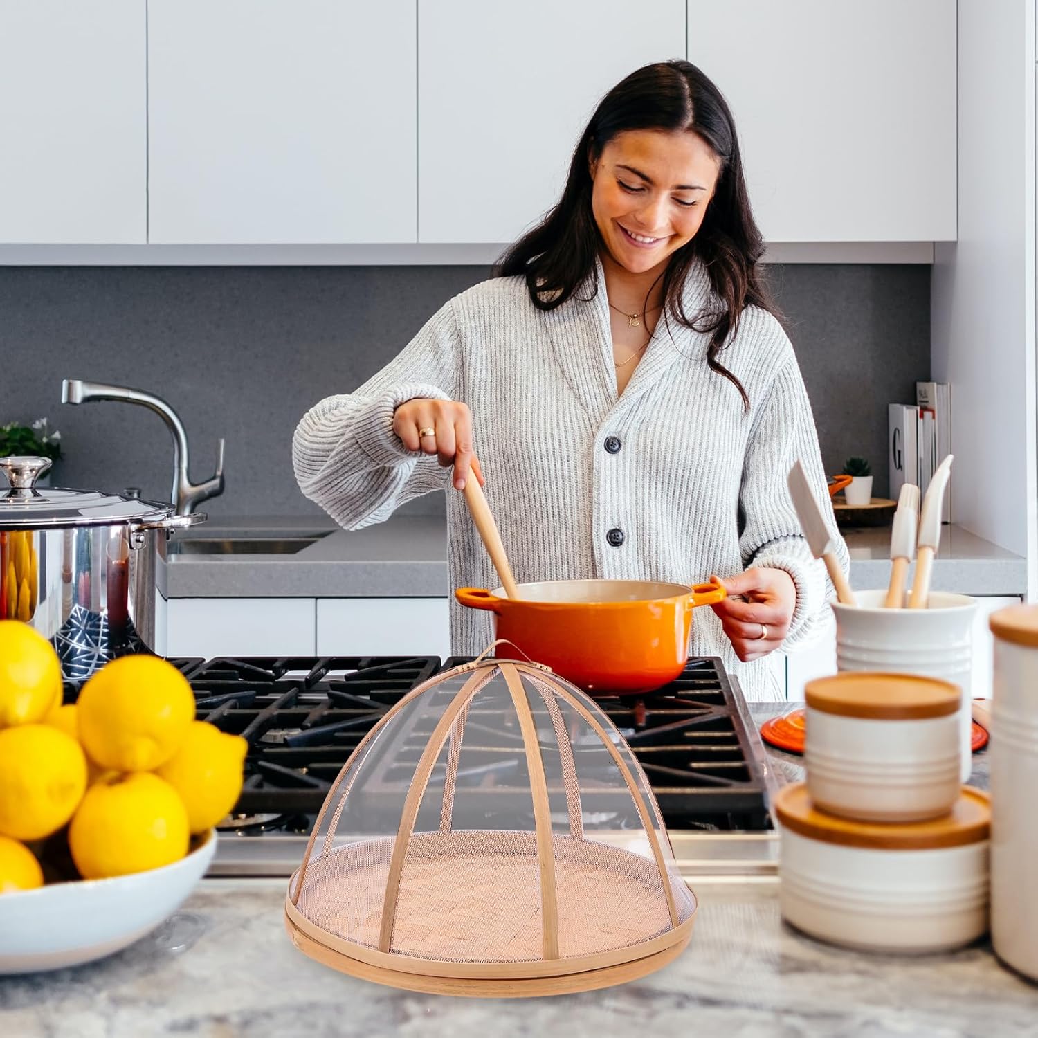 1pc Cover Bamboo Basket Tray Snack Platter Wicker Fruit Basket Bamboo Wicker Basket Tray Picnic Outdoor Food Covers Mesh Food Flower Girl Basket Dome Tool Bamboo Weaving