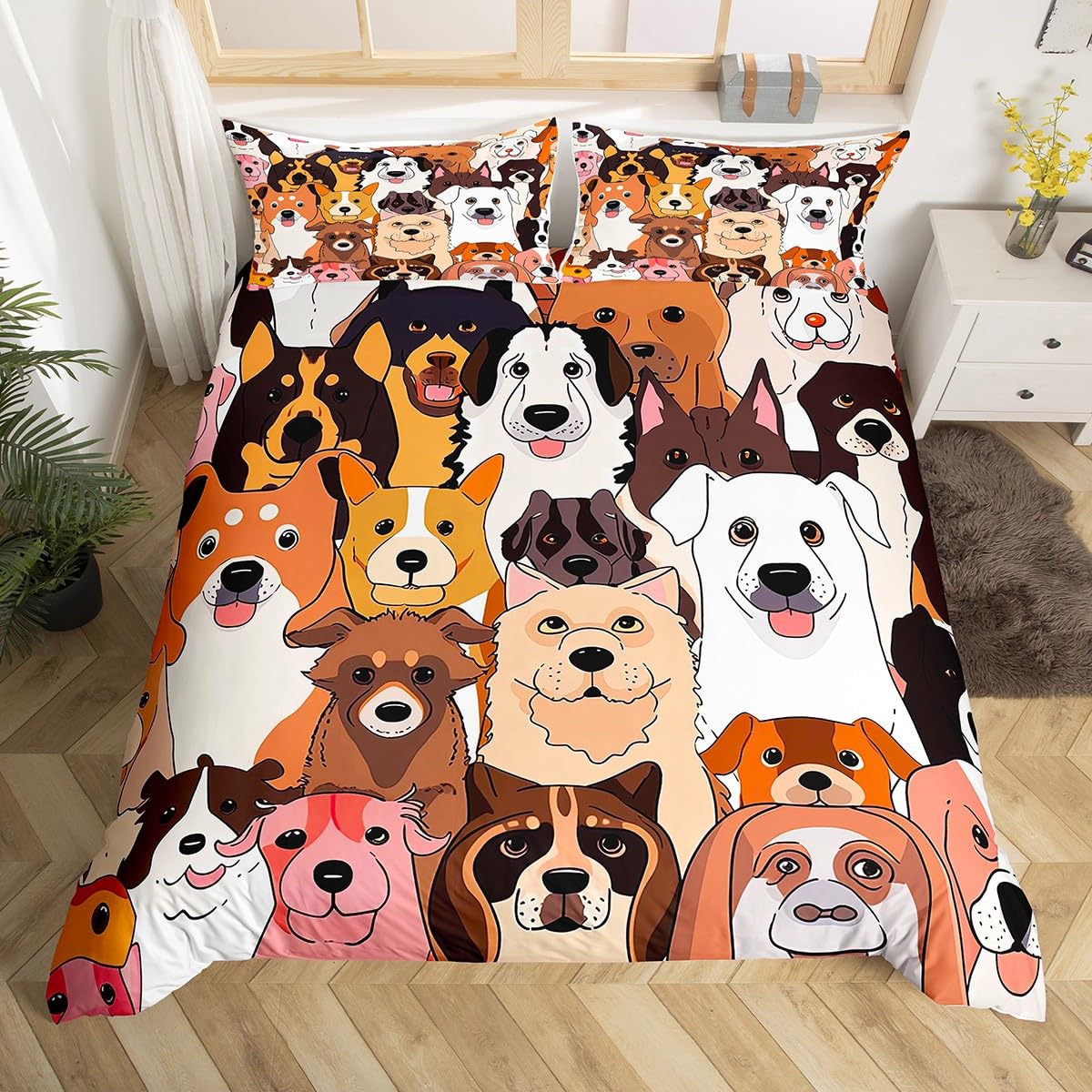 Pup Dog Comforter Cover Set Trippy Pets Duvet Cover Full Size, Lovely Puppy Animals Bedding Set for Youth Girls Teens Corgi Labrador Retrievers Bedclothes Dog Lover Bedroom Decor