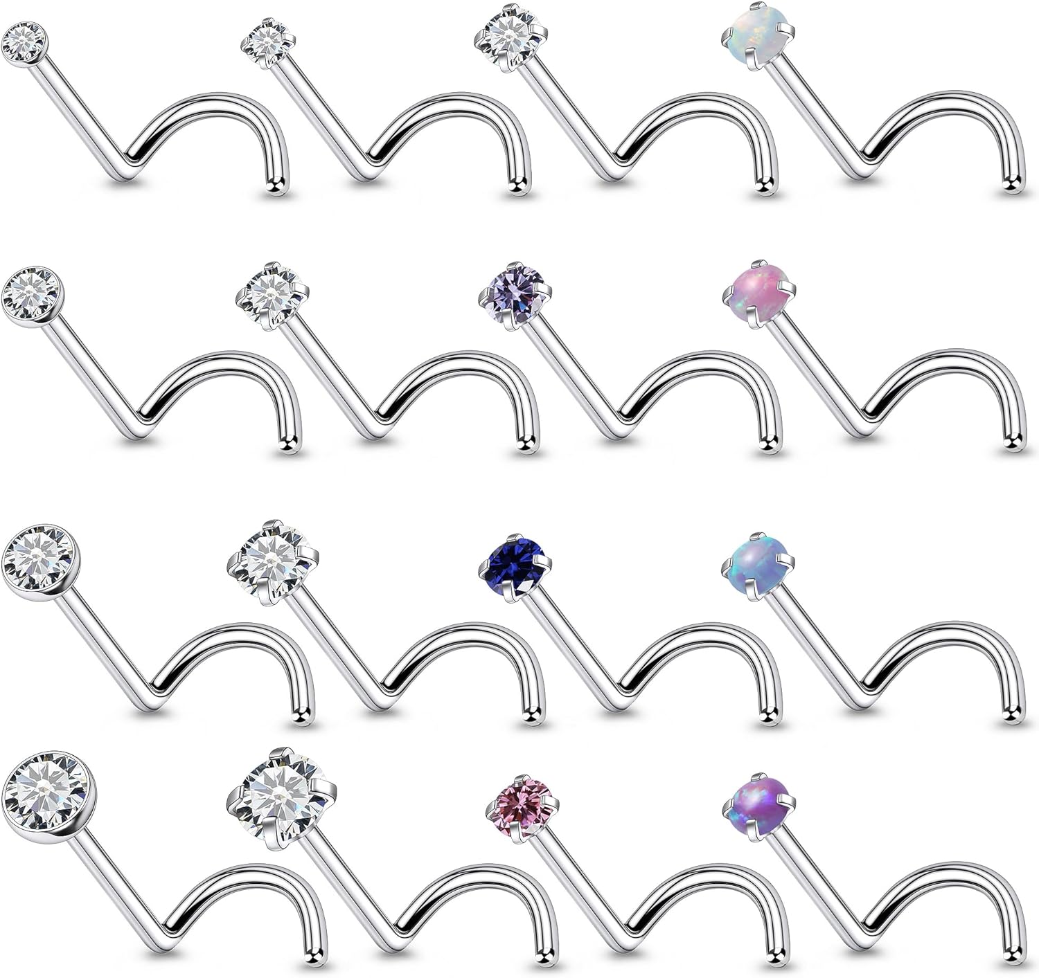 Vsnnsns 18G 20G 22G Nose Rings Studs Piercing Jewelry for Women 316L Surgical Stainless Steel L Shaped Corkscrew Straight Opal Diamond CZ Nose Rings Studs Nostril Piercing Jewelry For Women Men Silver