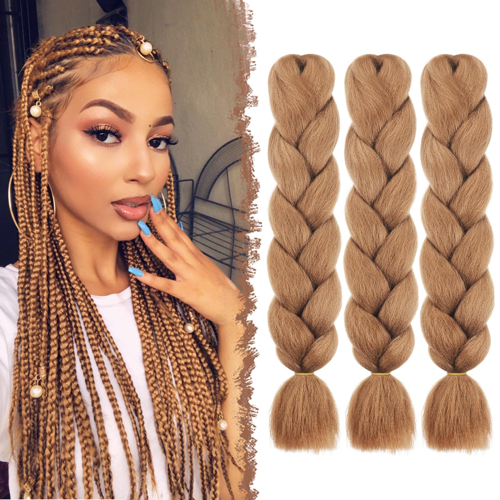 FESHFEN Kanekalon Extensiones para Trenzas 3 Piezas Extensión de Pelo Trenzado Africanas Sintético Jumbo Braiding Extensiones de Cabello Trenzado para Ganchillo, Castaño Claro