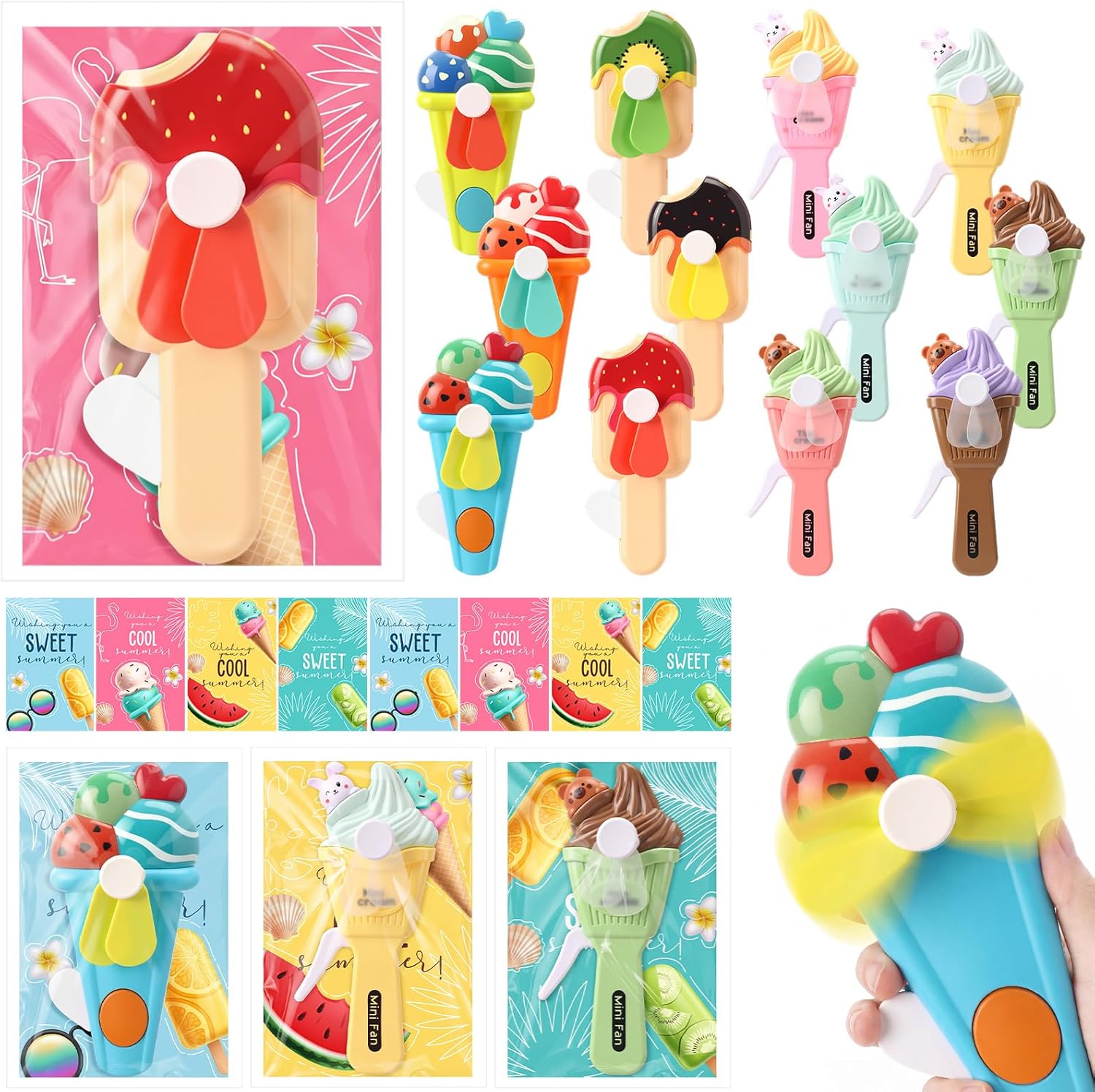Tuanse 2026 Graduation Gifts Summer Ice Cream Mini Portable Fans with Cards Cute Cartoon Handheld Press Cooling Fans for Graduate Birthday Party Pool Outdoor Activity Prize Exchange