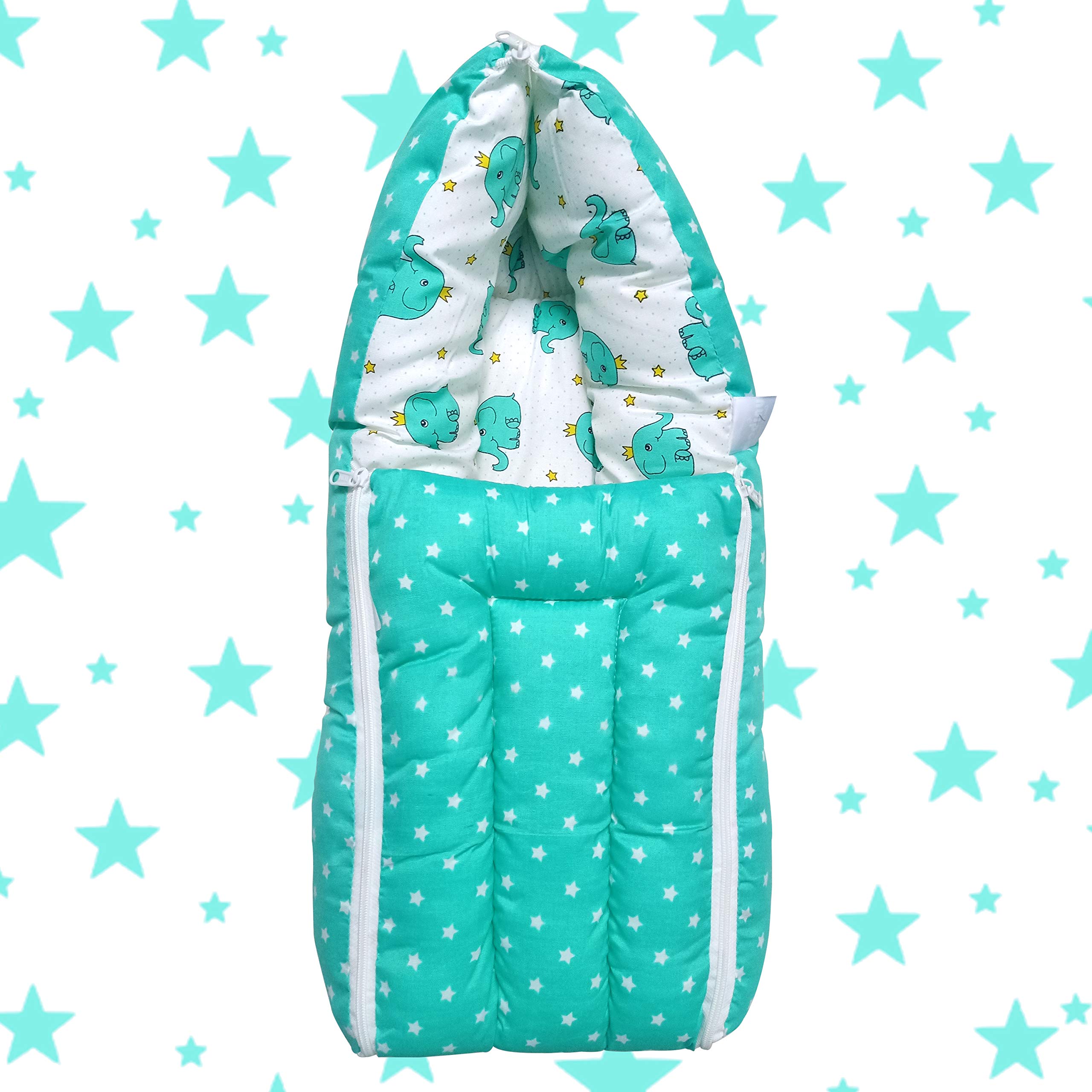 Unibee Zippee 3 in 1 Cotton Baby Carry Bed Cum Sleeping Bag and Flat Bed for Newborn Babies Easily Portable and Light Weight to Carry (0-4 Months) (Green)