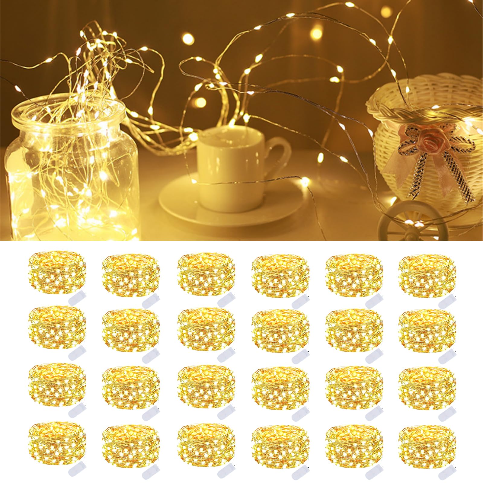 Lot de 24 guirlandes lumineuses de Noël à piles de 2,1 m avec 20 LED scintillantes - Fil argenté étanche pour mariage, Noël, Saint-Valentin, bocaux Mason - Décoration de table (blanc chaud)