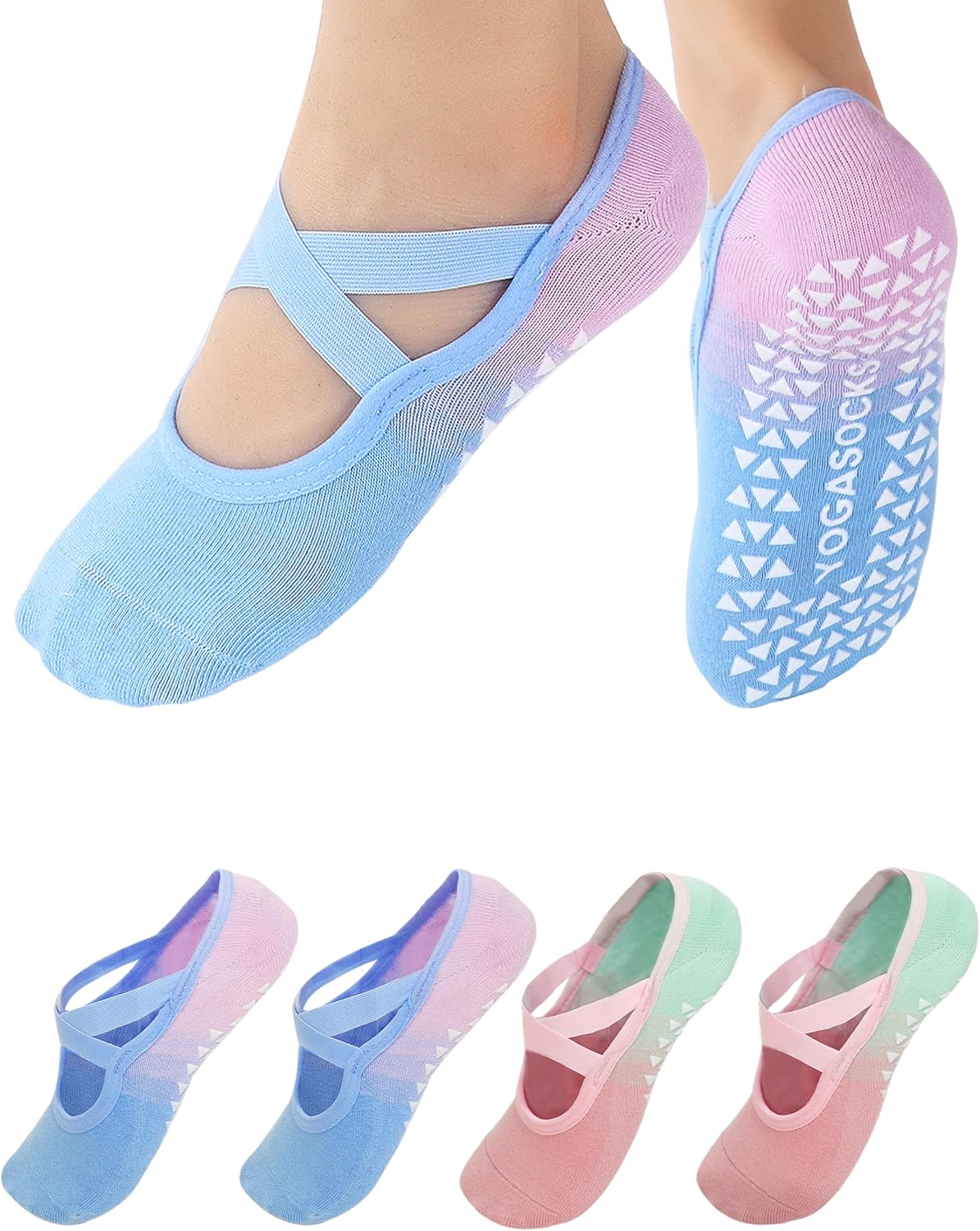 LemonGirl Womens Non-Slip Yoga Socks US 5-8 with Grips 2 Pairs Gradient Color for Pilates Barre
