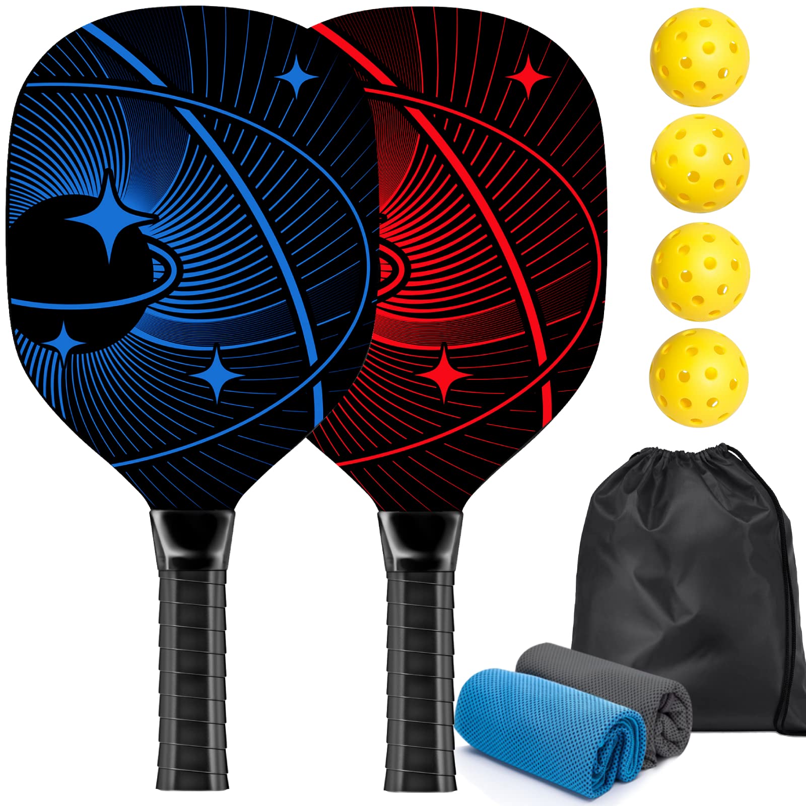 Pickleball Paddles, Pickleball Set with 4 Premium Wood Pickleball Paddles, 4 Pickleball Balls, 4 Cooling Towels & Carry Bag, Pickleball Rackets with Ergonomic Cushion Grip, Gifts for Men Women…