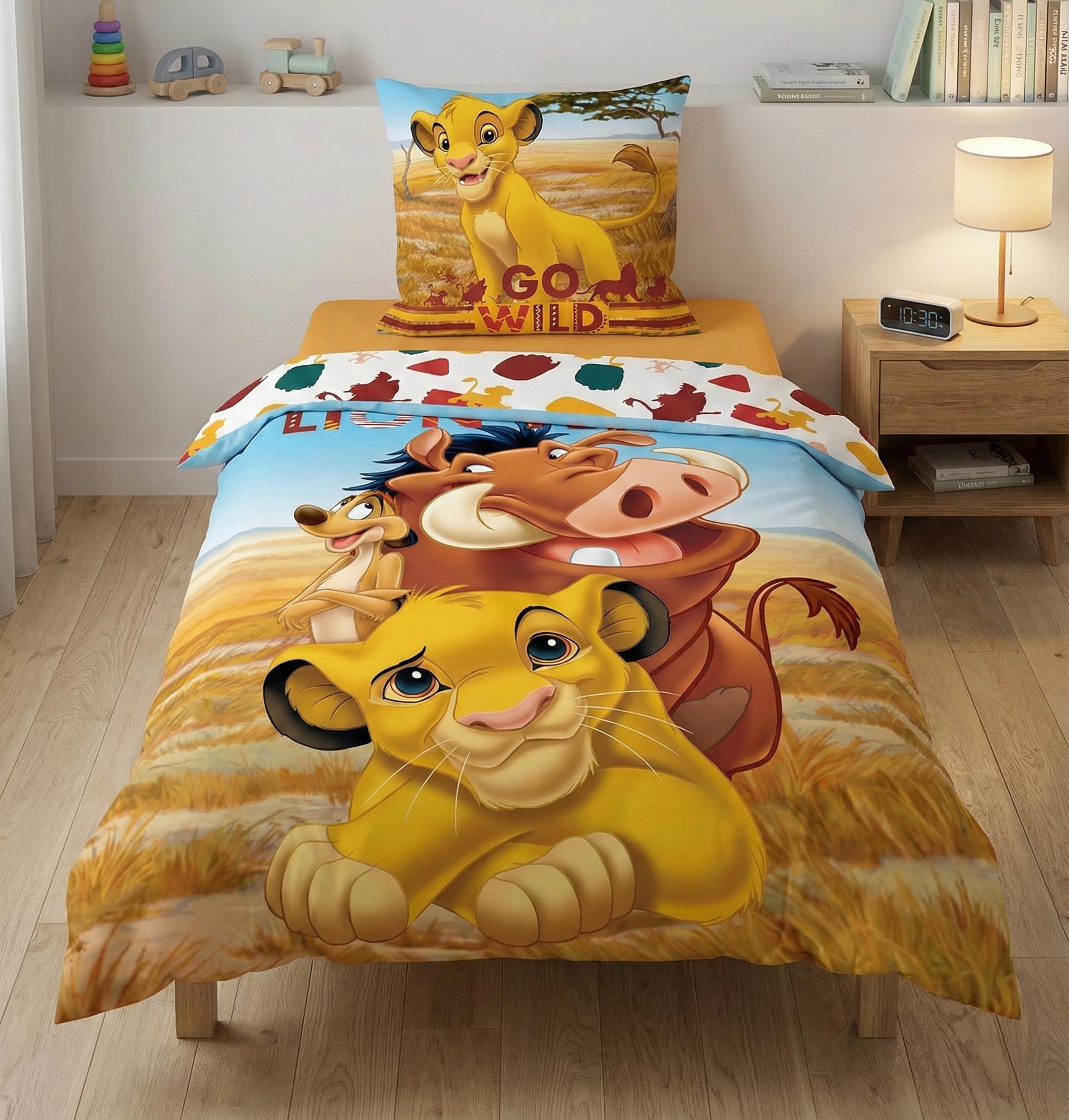 El Rey León Funda Nórdica Cama 90 140x200 + Funda Almohada | Ropa de cama reversible | Algodón natural transpirable Oeko-Tex | Simba Disney | Niños | Regalo | Lavable a máquina