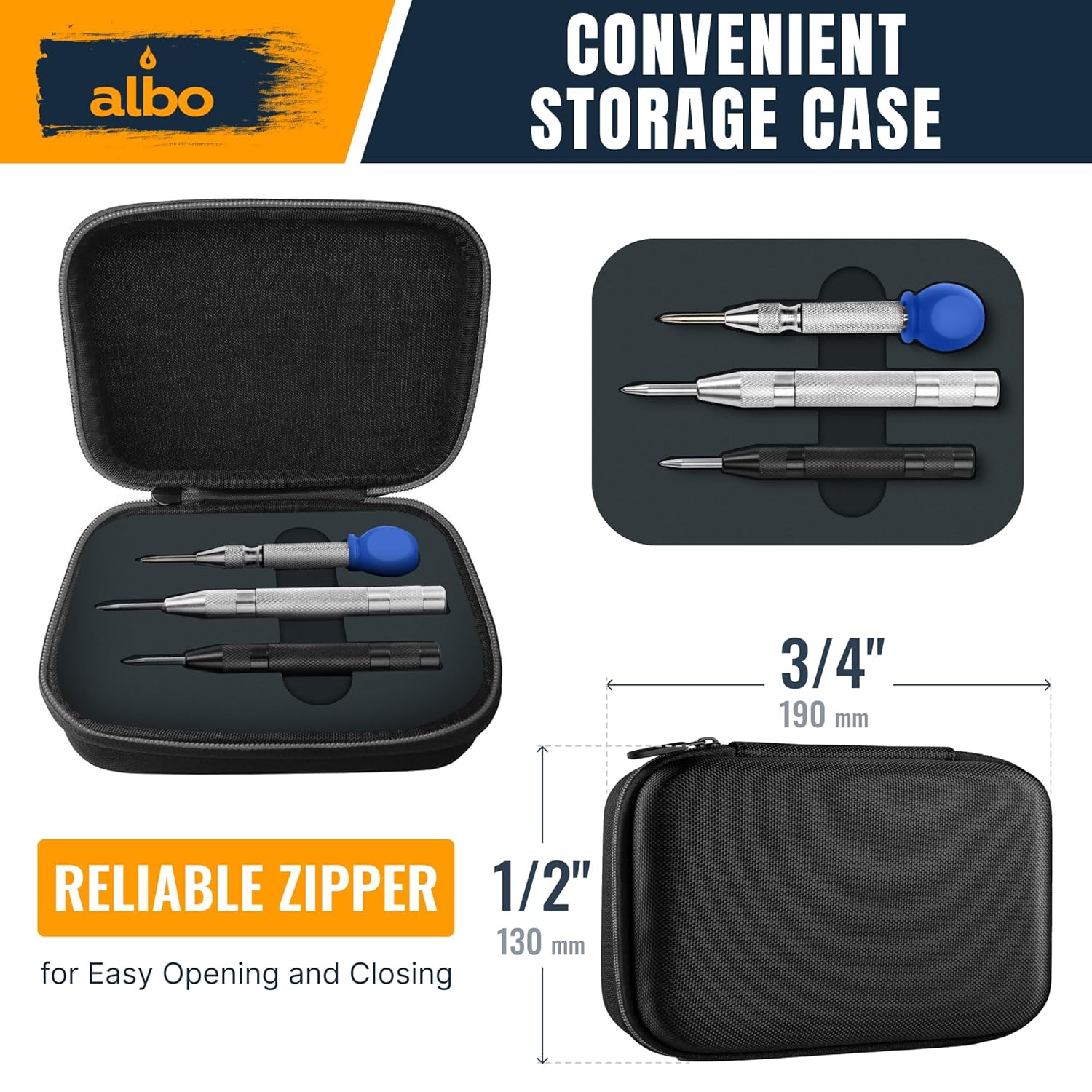 ALBO Automatic Center Punch Set – 3 Heavy Duty Spring Loaded Punch Tools for Metal, Wood, Steel – Precision Tips, Galvanized & Blackened Options, Storage Box – Ideal for DIY, Workshop & Professionals