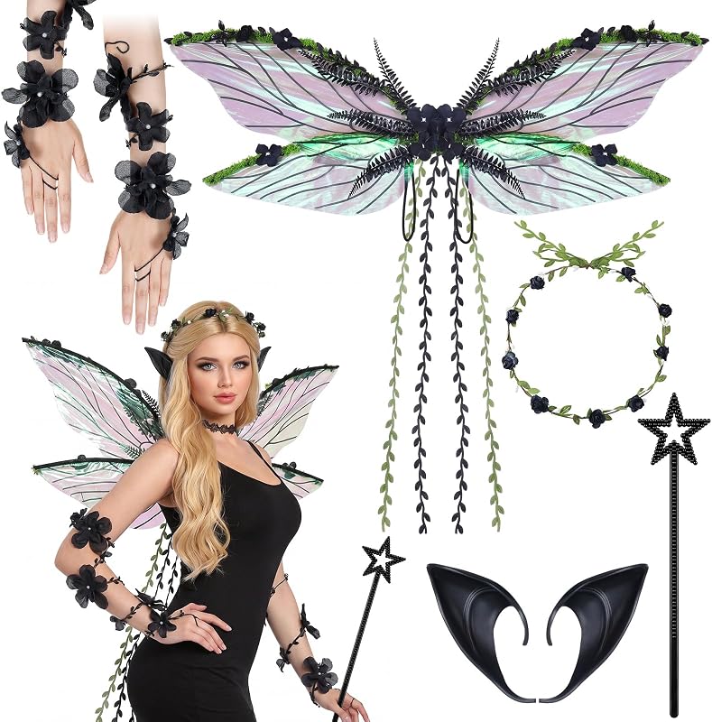 Juego de 6 piezas de disfraz de alas de hada góticas negras para mujer, alas de mariposa transparentes brillantes, Cosplay renacentista de Halloween
