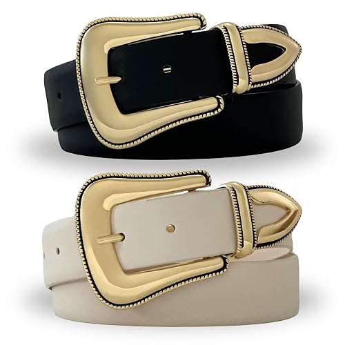 Citrusy Boutique 2-Pack | Country Western Fashion Cowgirl Belts for Women | Cute Chunky Gold Western Belt Buckle