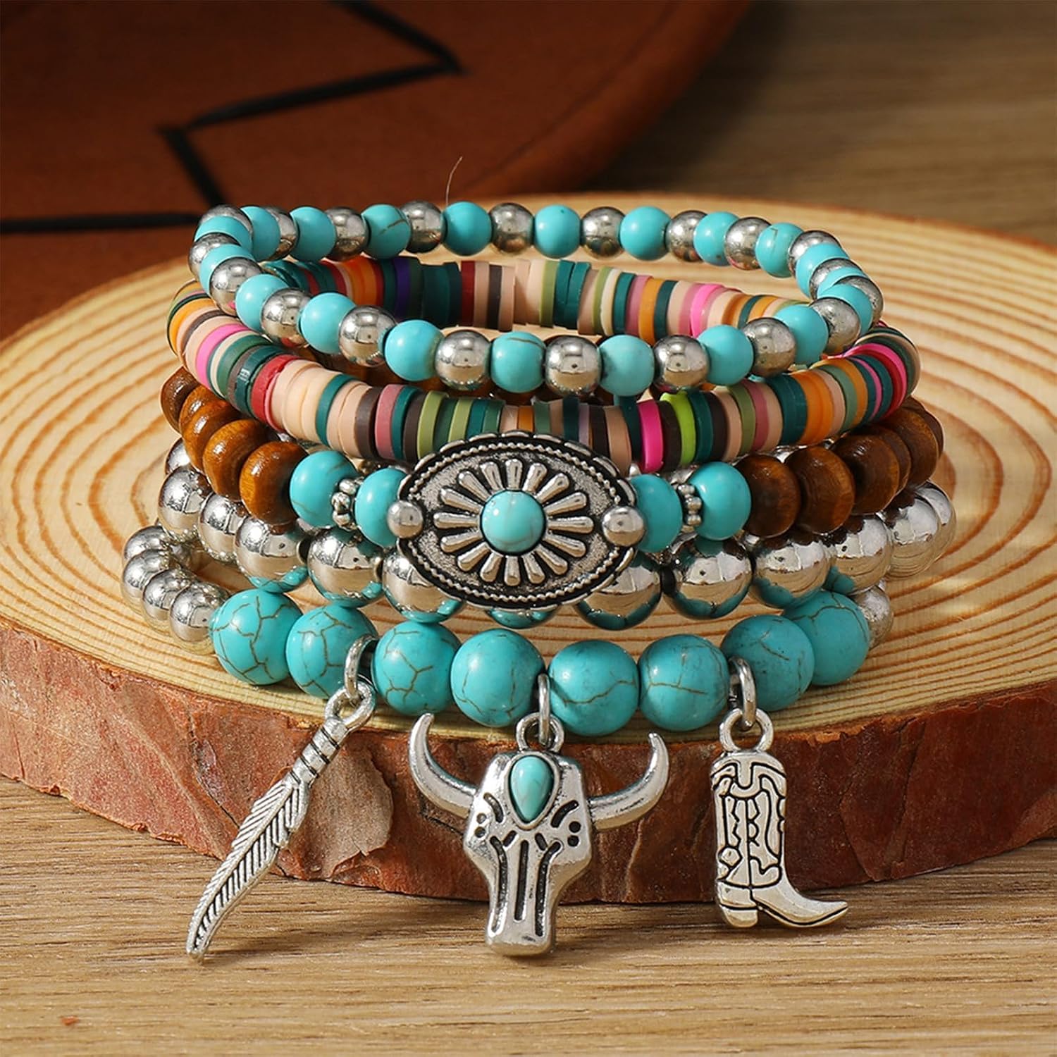 Frodete Turquoise Bracelet Western Jewelry for Women Turquoise Beads Bohemian Jewelry Womens Country Concert Outfits