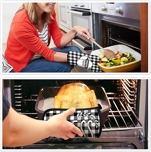 Miniatura 6 de Juego de 5 toallas de cocina a cuadros de búfalo, guantes de horno y soporte para ollas, toallas de cocina en blanco y negro, guantes de horno y