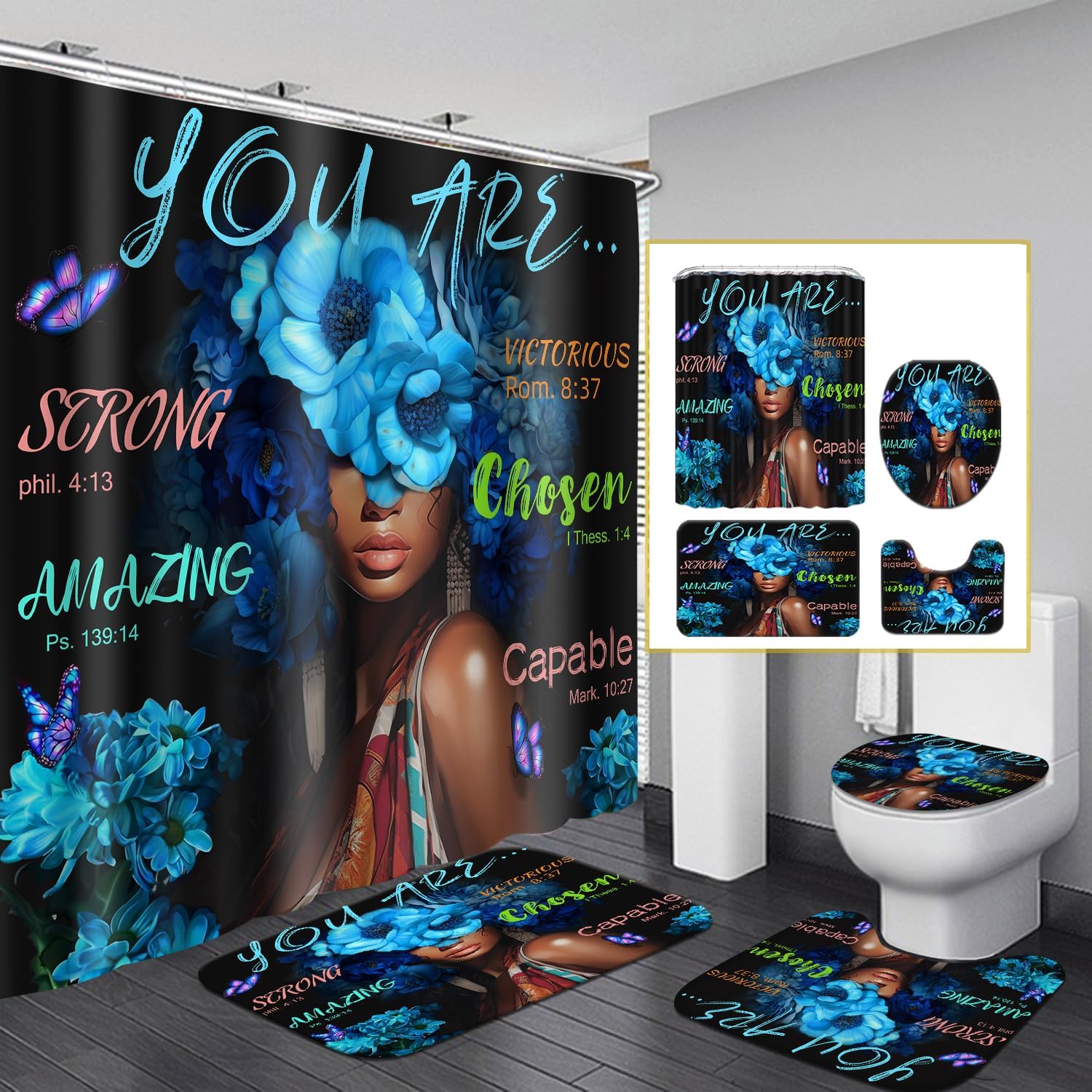 Black African Flower Woman Shower Curtain Set, Blue Art Words Bathroom Set with Shower Curtain and Rugs, Toilet Lid Cover, Bath Mat,Waterproof Fabric Shower Curtains and Hooks for Bathroom