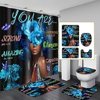 Black African Flower Woman Shower Curtain Set, Blue Art Words Bathroom S...