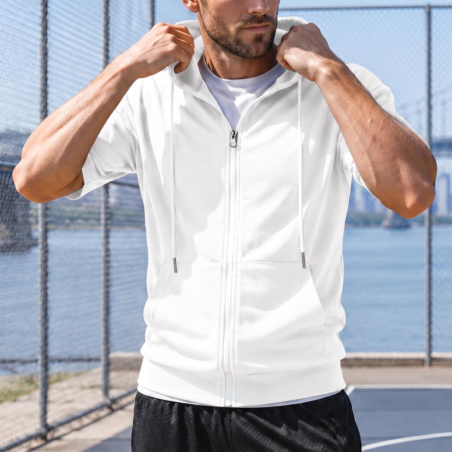 Ohoo Mens Slim Fit Zip up Hoodie Cotton Blend Soft Fabric Short Sleeve Lightweight Comfy Basic Jacket with Kanga Pocket