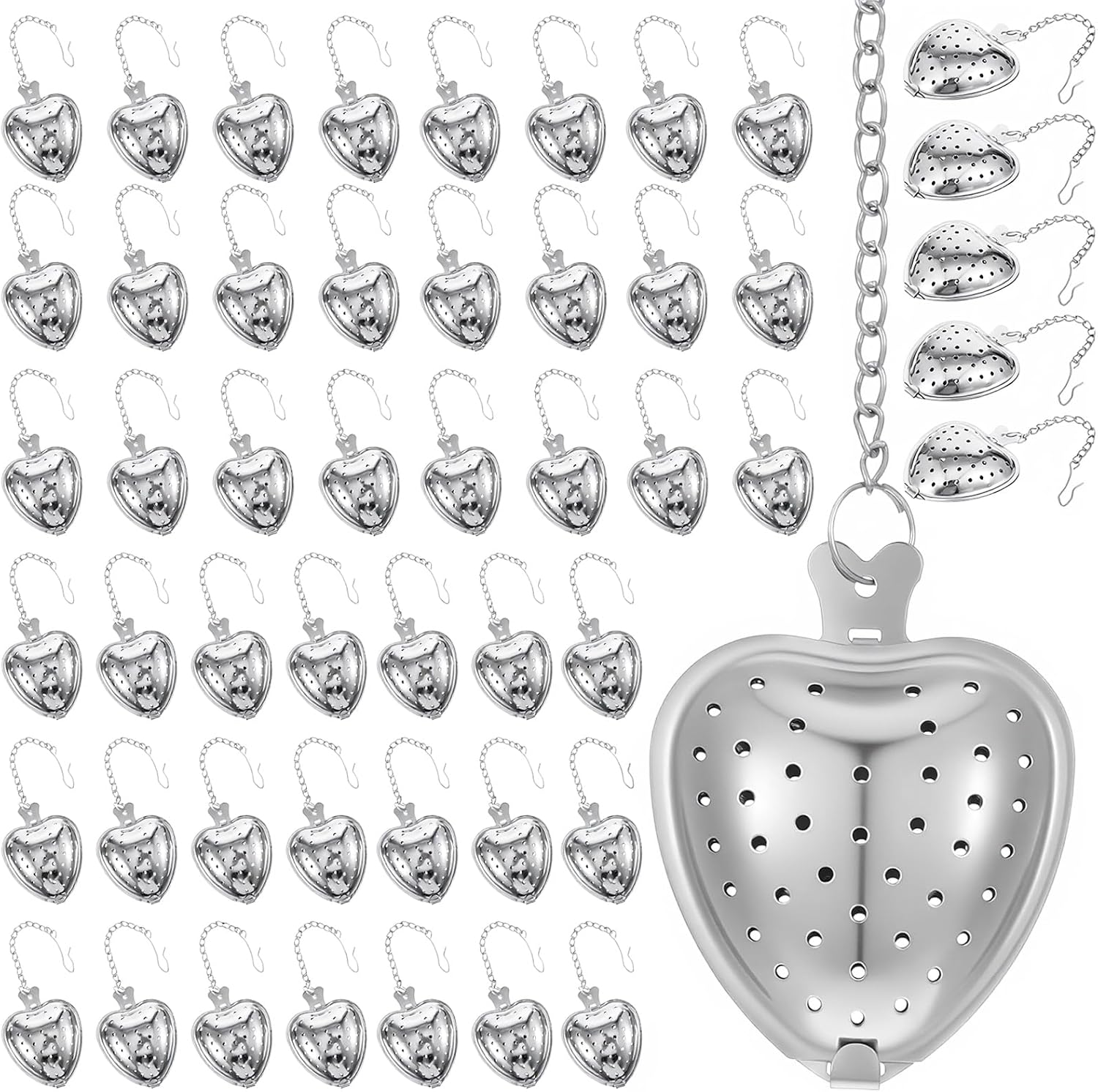 50 Pcs Stainless Steel Heart Shaped Tea Infuser, Loose Leaf Steeper with Mesh Filter and Extended Chain Hook for Cup Bottle Tea Party, Silver