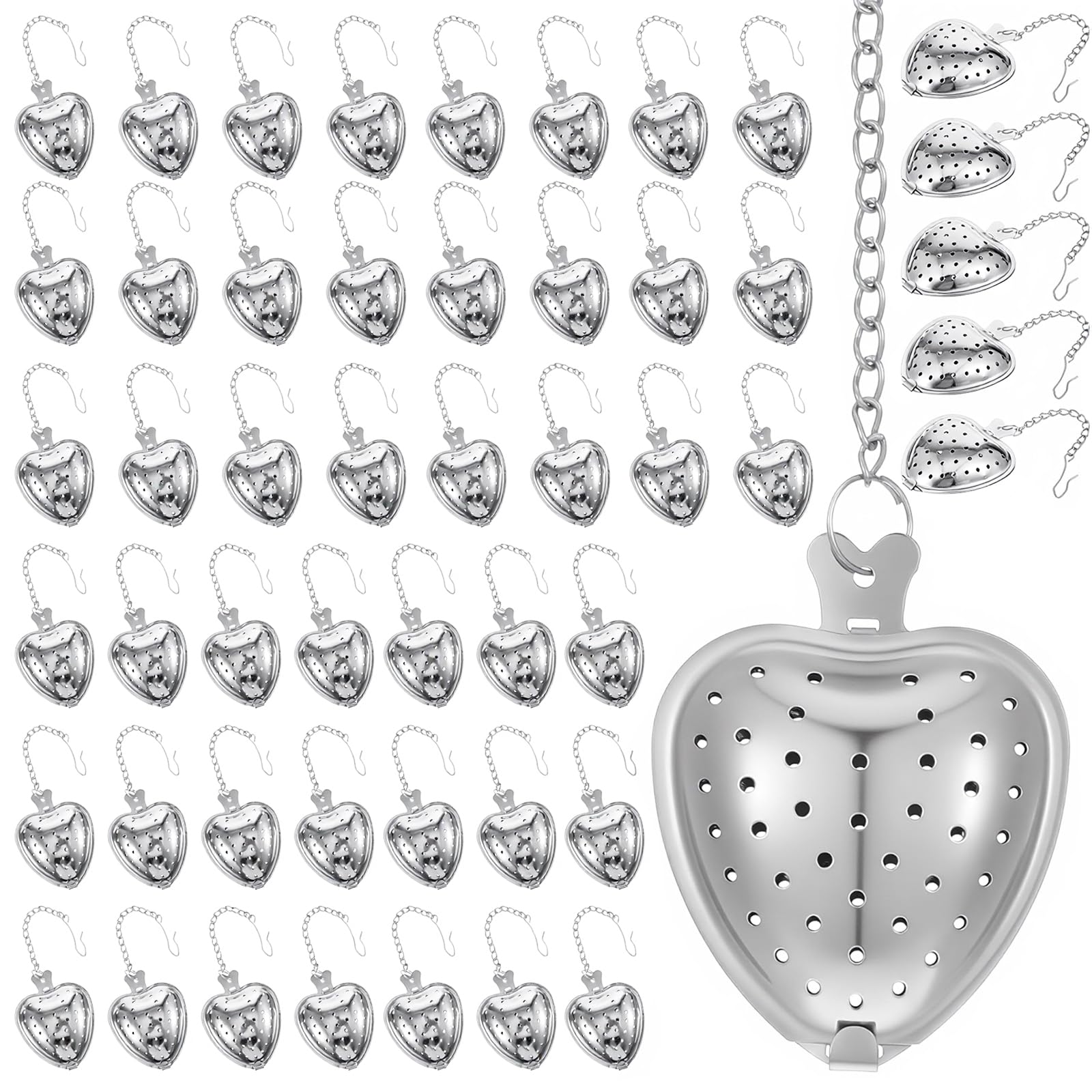 Photo 1 of 50 Pcs Stainless Steel Heart Shaped Tea Infuser, Loose Leaf Steeper with Mesh Filter and Extended Chain Hook for Cup Bottle Tea Party, Silver