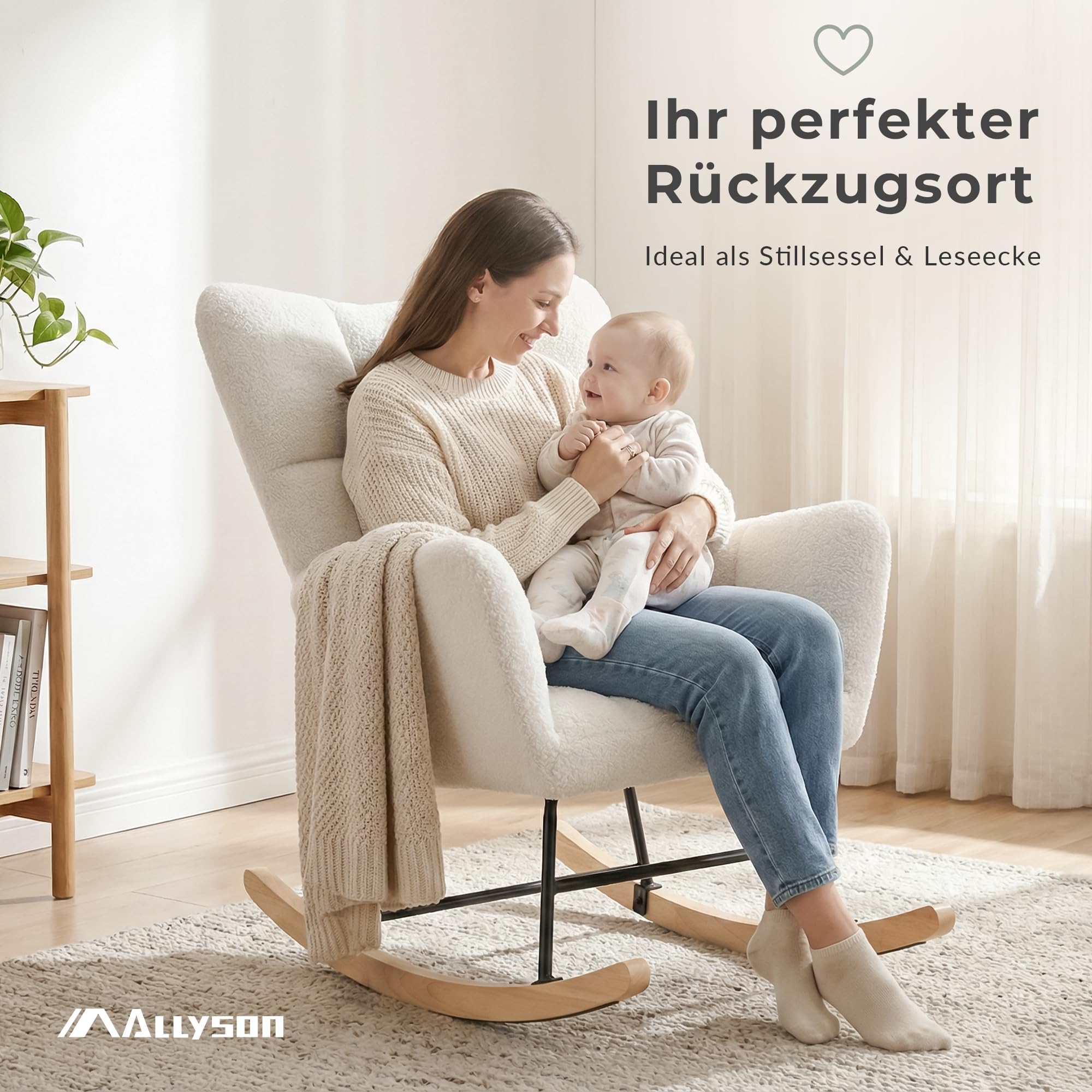 Allyson Schaukelstuhl Weiß – Flauschiger Relaxsessel & Lesesessel mit Holz-Armlehnen – Moderner Stillsessel für Wohnzimmer, Balkon & Indoor - Weiß