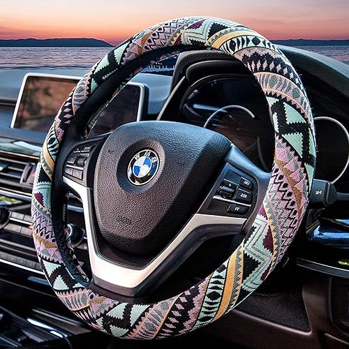 Miniatura 2 de Funda gruesa de gamuza de lino para volante universal de 15 pulgadas con patrón de estilo étnico, Style B