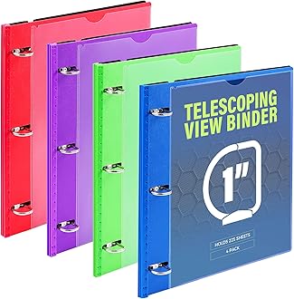 WOT I 1 Inch Telescoping 3 Ring Binder 4 Pack, Expandable Flexible Binder with Customizable Front Cover & Clear Catalog Pocket, Holds 225 Sheets, Assorted Colors, School Office Supplies