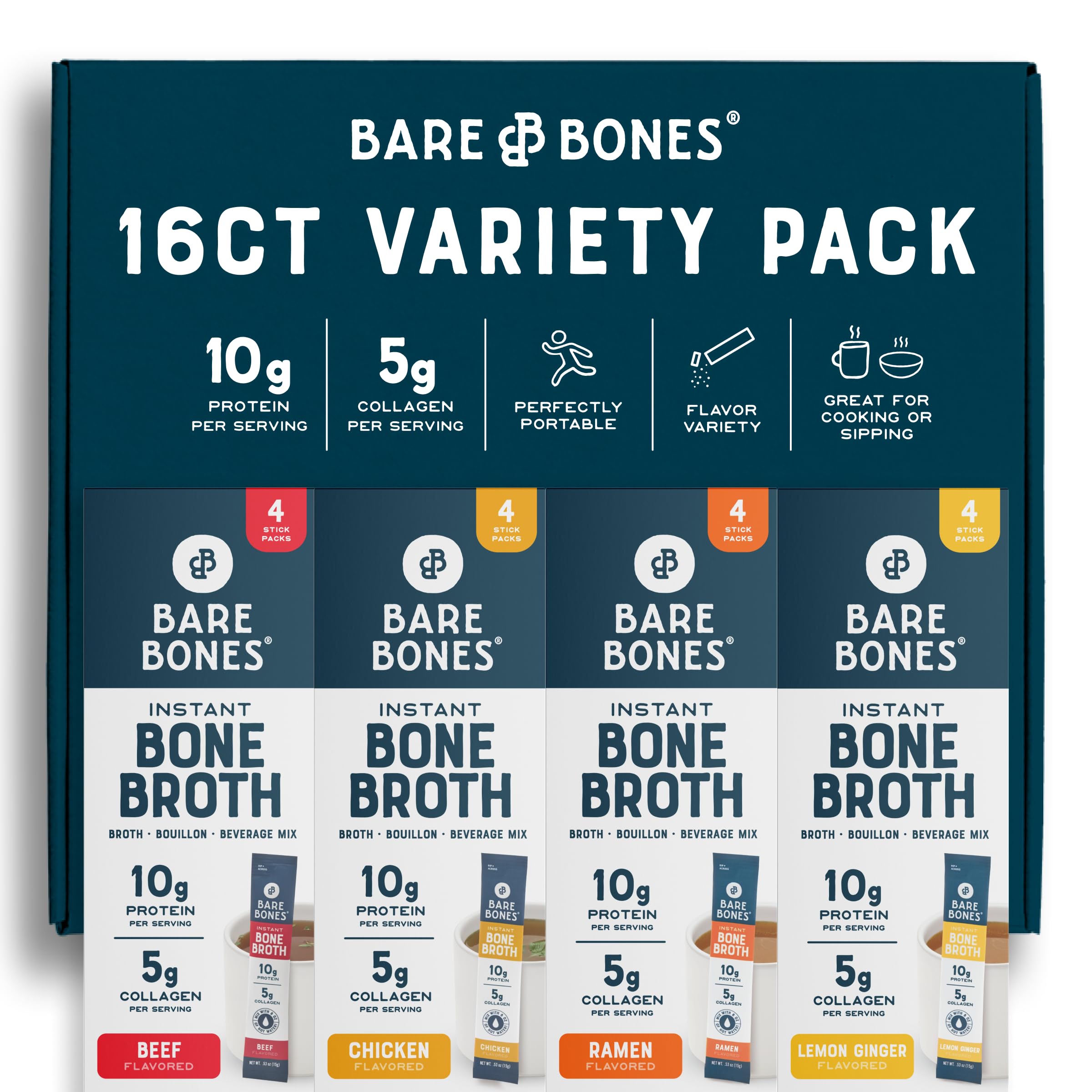 Bare Bones Bone Broth Packets Powder Variety Pack | 5g Collagen | 10g Protein | Keto & Paleo Friendly | No Artificial Flavors | Non-GMO, Gluten-Free, Dairy-Free Rich Savory on-the-go 16 Pack