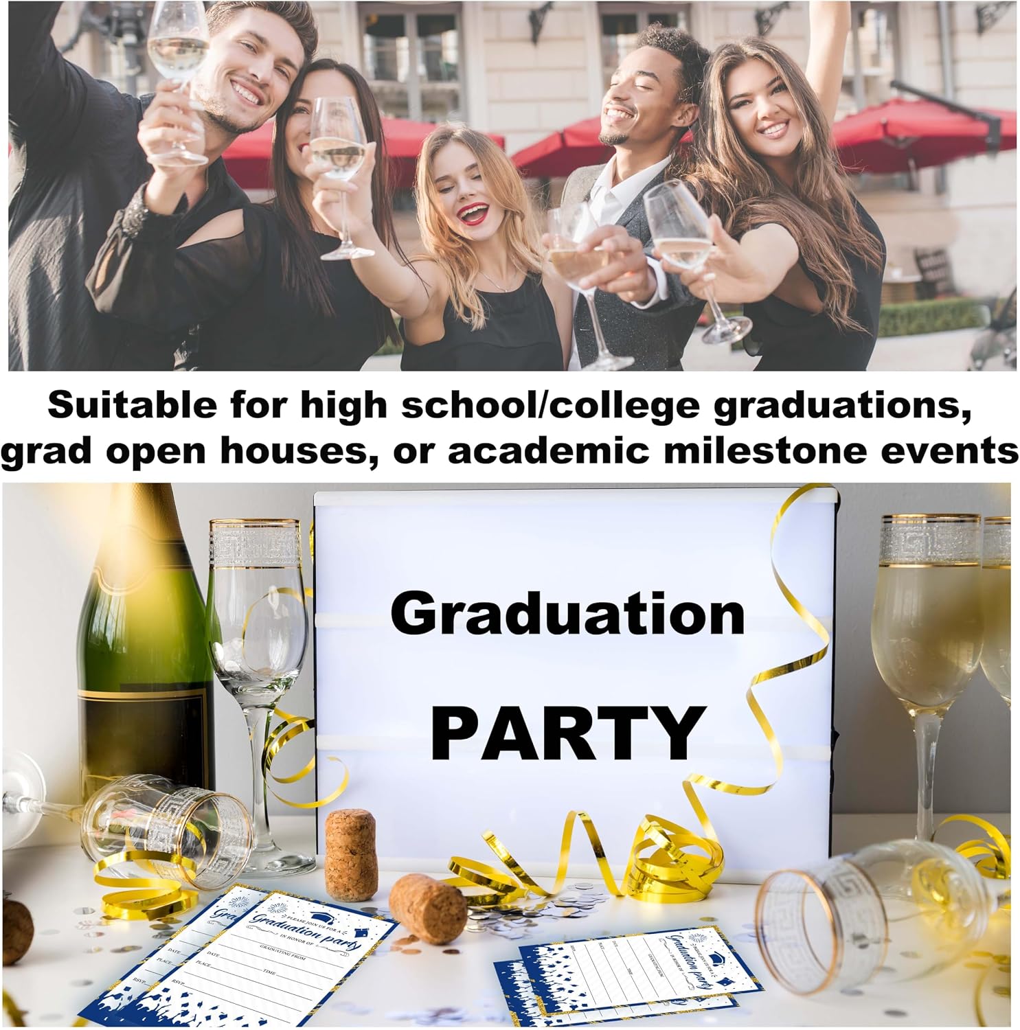 Graduation Invitations 2026, 25 Party Invitation Cards with Envelope, 4"x6" Blue Gold Grad Announcement Invites, Graduate Celebration Favor Supplies-A07