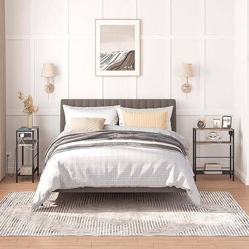 Miniatura 30 de HOOBRO Mesa auxiliar pequeña y estrecha con estación de carga, juego de 2, mesa auxiliar delgada para espacios pequeños, mesita de noche delgada con