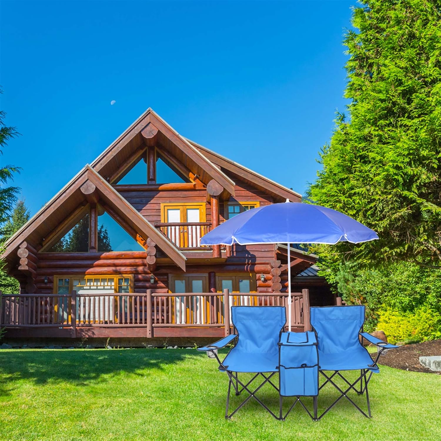 Double Camping Chair with Umbrella, Folding Beach Chair Loveseat Chairs with Canopy Shade and Cooler Bag, Double Rocker Chair Outdoor for Camping, Beach, Picnic, Fishing, Patio Pool Park