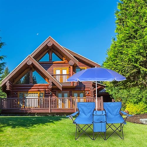 Miniatura 3 de Silla de playa plegable portátil de 2 asientos, sillas de camping ligeras, con sombrilla de 180 lb de capacidad de carga, al aire libre, playa,