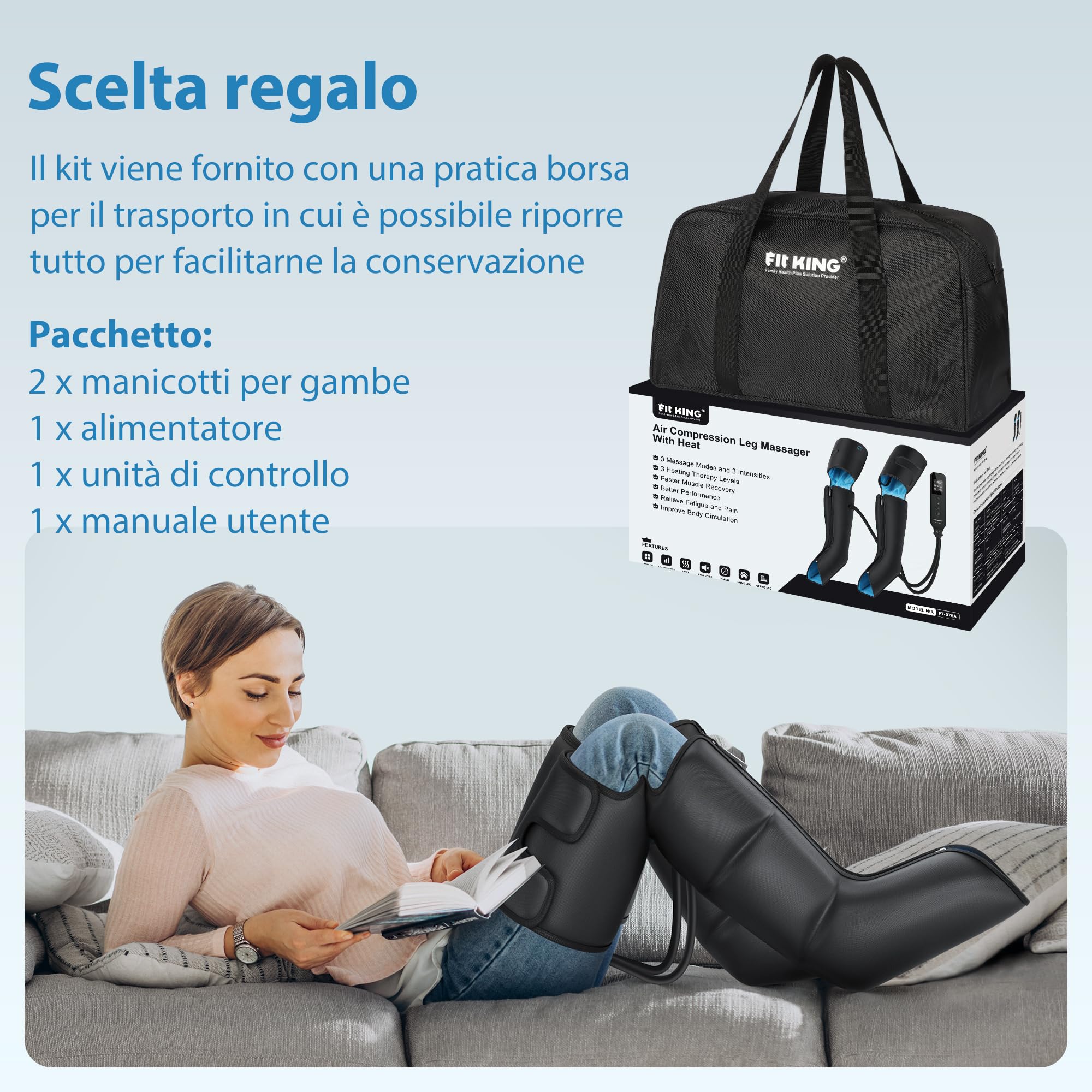 FIT KING Massaggiatore Gambe con Calore e Compressione, Pressoterapia Linfodrenaggio Massaggio Gambe Miglioramento della Circolazione e Recupero Sportivo 3 Livelli di Calore, 3 Modalità Massaggio