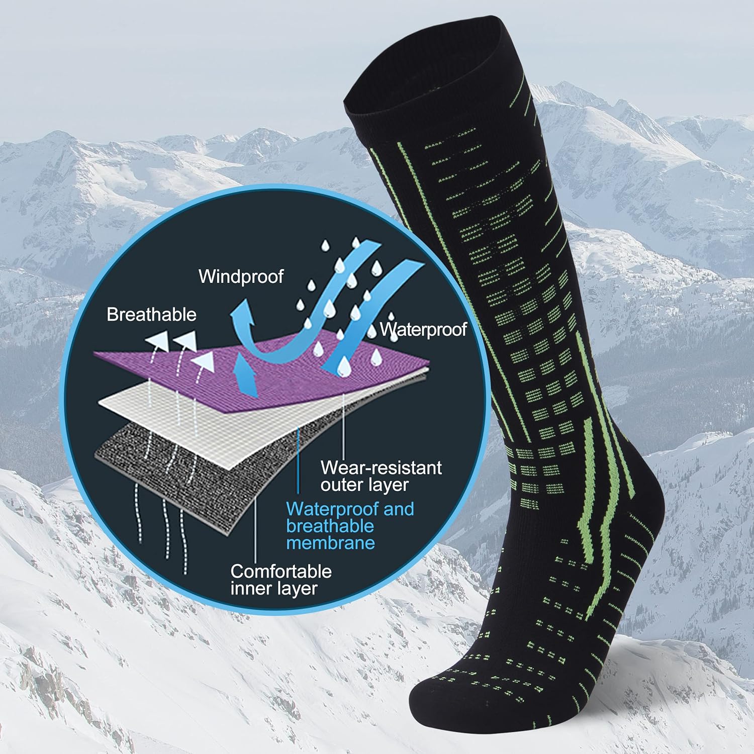 RANDY SUN Merino Wool Waterproof Socks, Men Women Knee High Breathable Hiking Running Socks 1 Pair