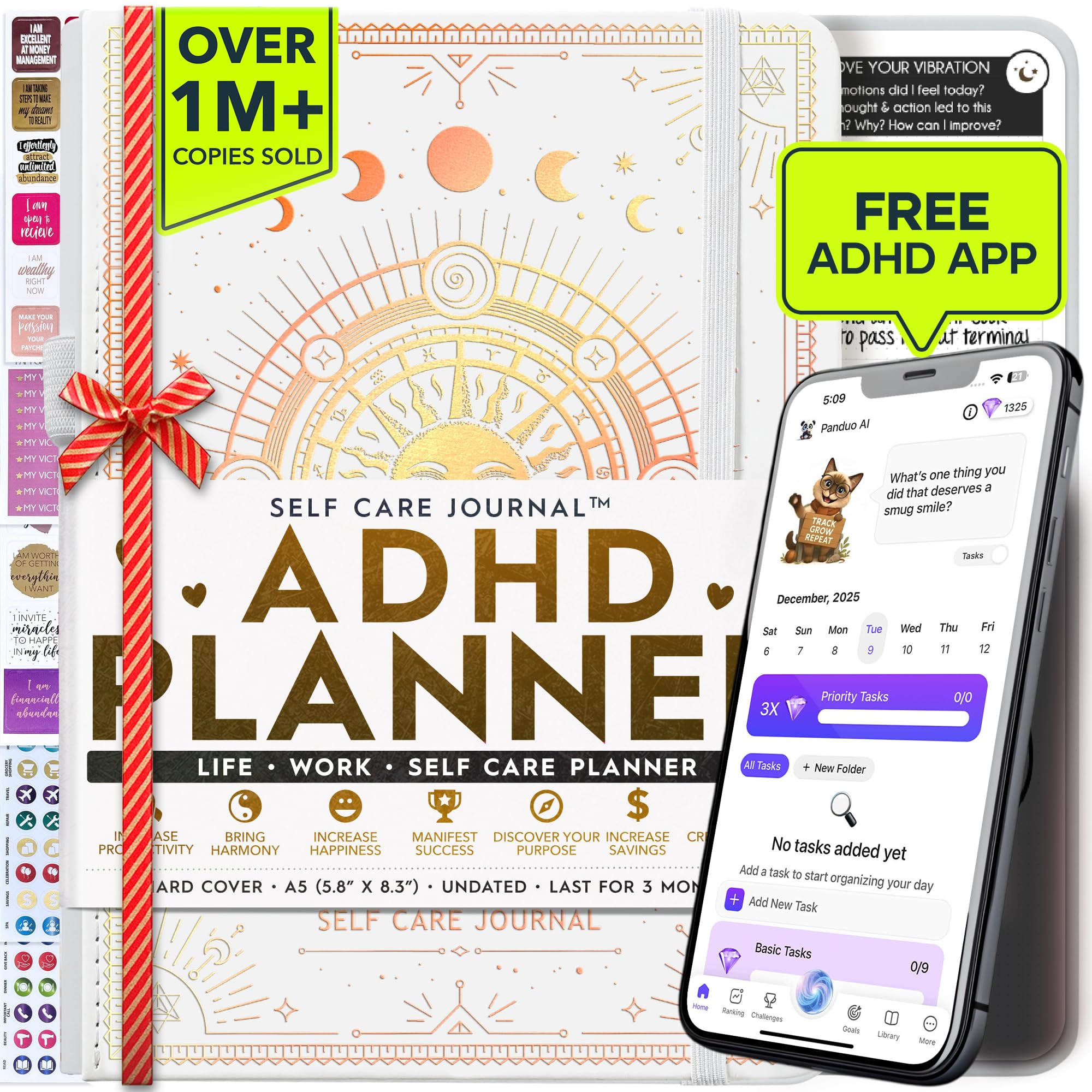 Adhd Daily Planner - A Self Care Personal Gratitude Journal to Increase Productivity and Success in Life & Work, Weekly & Monthly Undated Planner for Women and Men, Vision Board & Organizer + Stickers