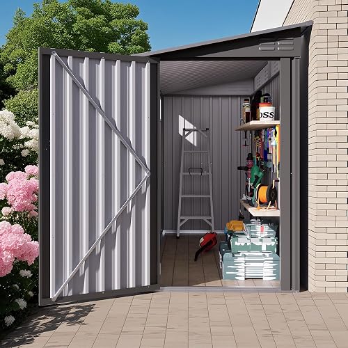4x9 FT Outdoor Storage Shed, Lean to Shed with Window, Metal Garden Shed with 6 Air Vents, Outside Tool Shed with Lockable Hinged Door, Waterproof Storage Building for Backyard, Patio, Lawn, Gray