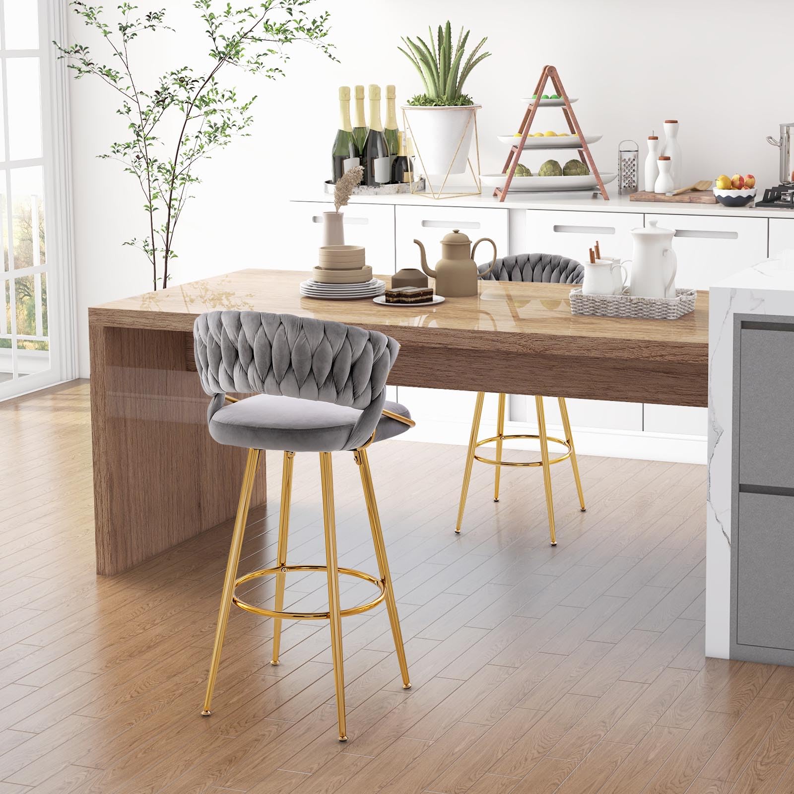 COSTWAY Juego de 2 Taburetes de Terciopelo, Taburetes de Barra de 73 cm con Respaldo Tejido y Patas de Metal Dorado, Taburetes de Cocina Tapizados sin Brazos con Reposapiés(Gris)