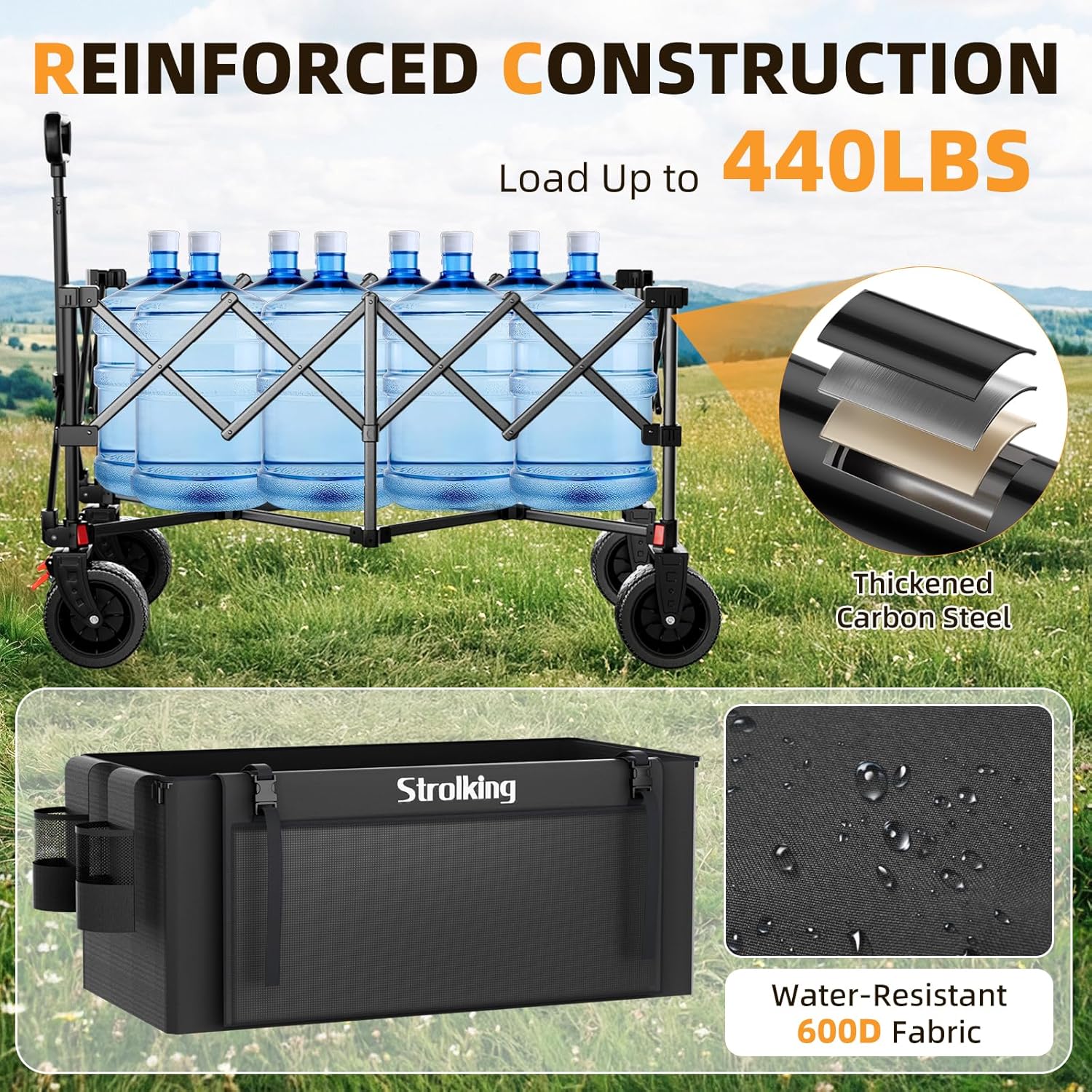 39" L Collapsible Wagon Cart, 220L Large Capacity and 440Lbs Heavy Duty, Lightweight 15lbs Folding Garden Cart with Silent All-Terrain Wheels for Beach, Camping Grass and Grocery, Black