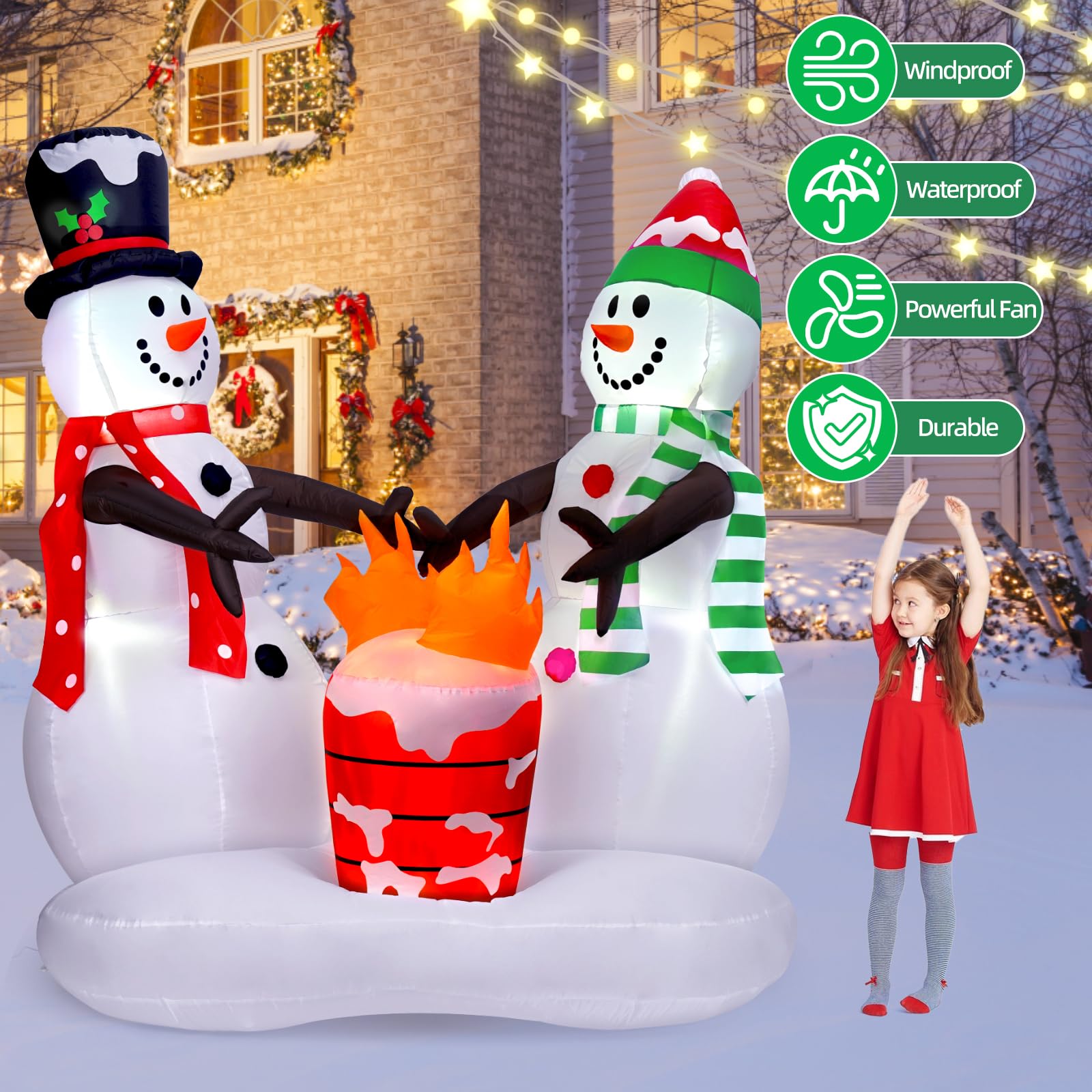 Décoration de Noël extérieure - Bonhommes de neige gonflables de 2,4 m avec flamme de feu - Décorations de cour gonflables avec LED intégrée pour extérieur, pelouse, cour, jardin