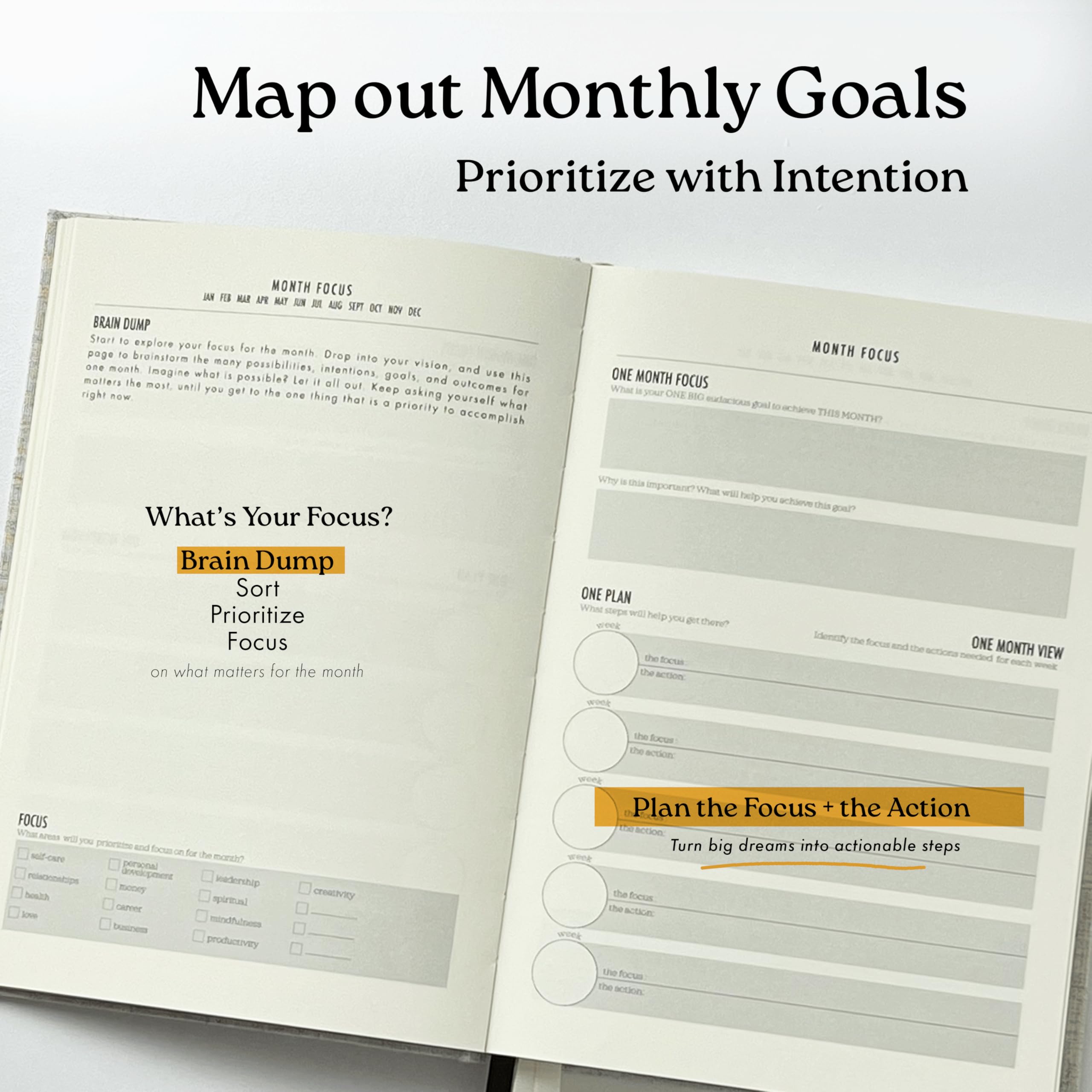 ONE FOCUS Planner: agenda giornaliera senza data di 90 giorni per ADHD e produttività, impostazione degli obiettivi, sollievo dall'ansia, esercizi di consapevolezza e monitoraggio delle abitudini per