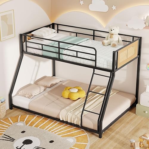 Miniatura 12 de KOMFOTT Litera individual sobre matrimonial con nido, marco de cama de metal resistente con barandilla y 2 escaleras, litera que ahorra espacio