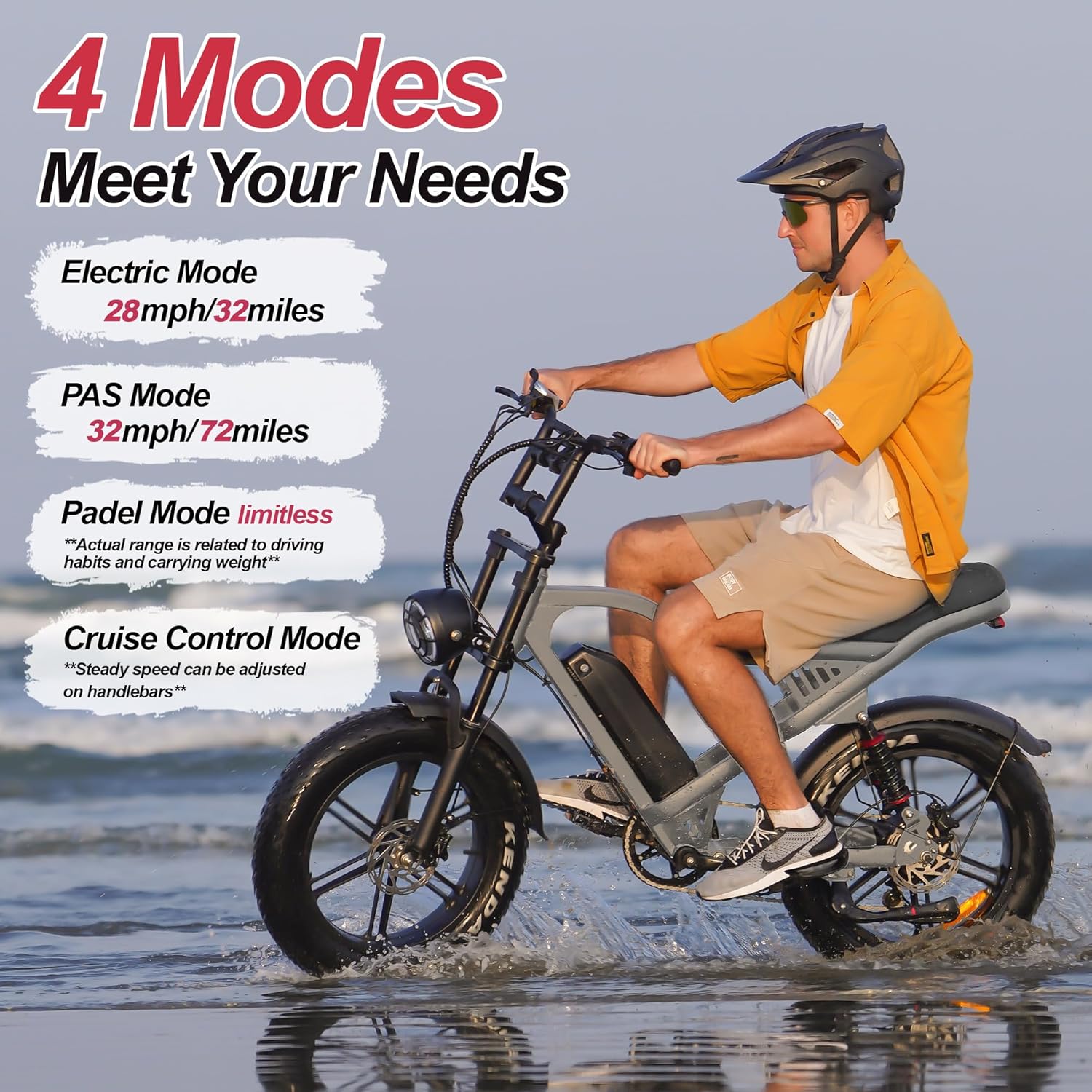 Diagram illustrating the four riding modes of the EMOKO electric bike: Electric, PAS, Pedal, and Cruise Control.