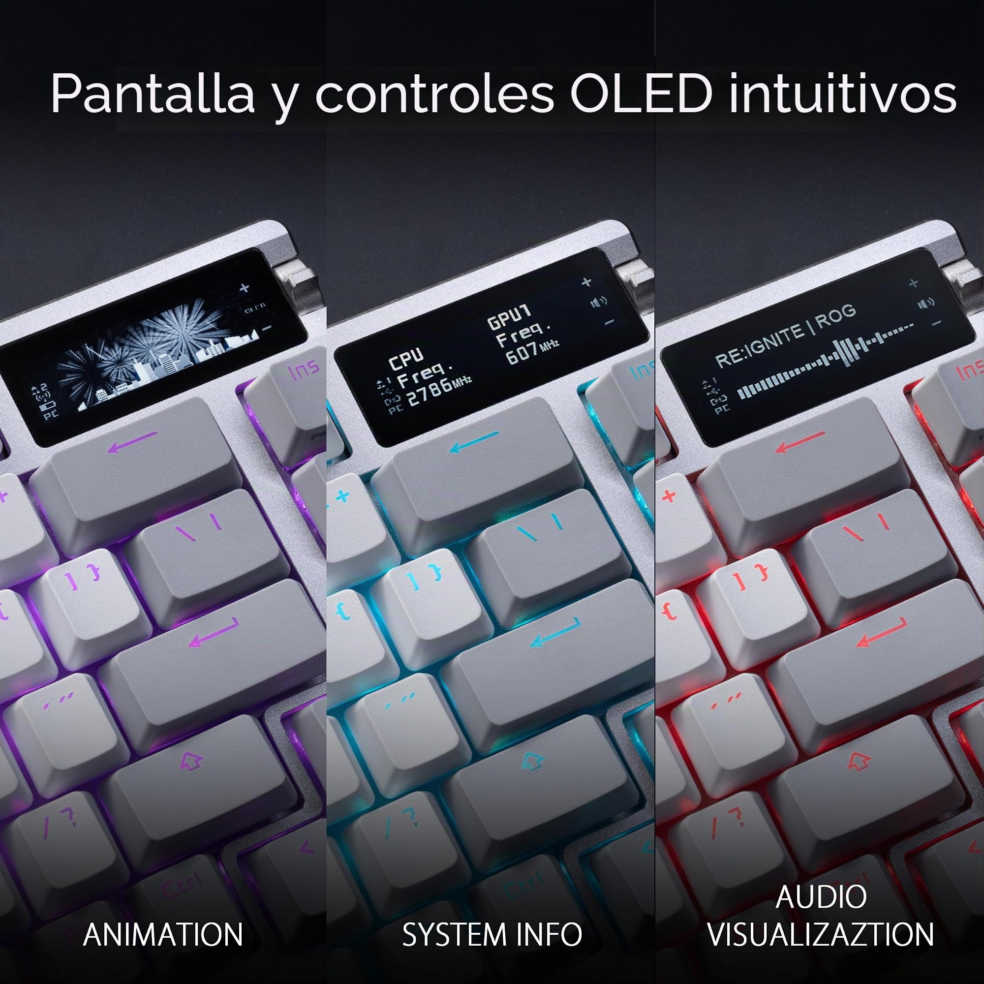 ASUS ROG Azoth White - Teclado mecánico Gaming con conexión Tri-Modo, Pantalla OLED, Montaje por Junta, conmutadores y estabilizadores de Teclado ROG NX Red prelubricados, Hot-Swap, AZERTY