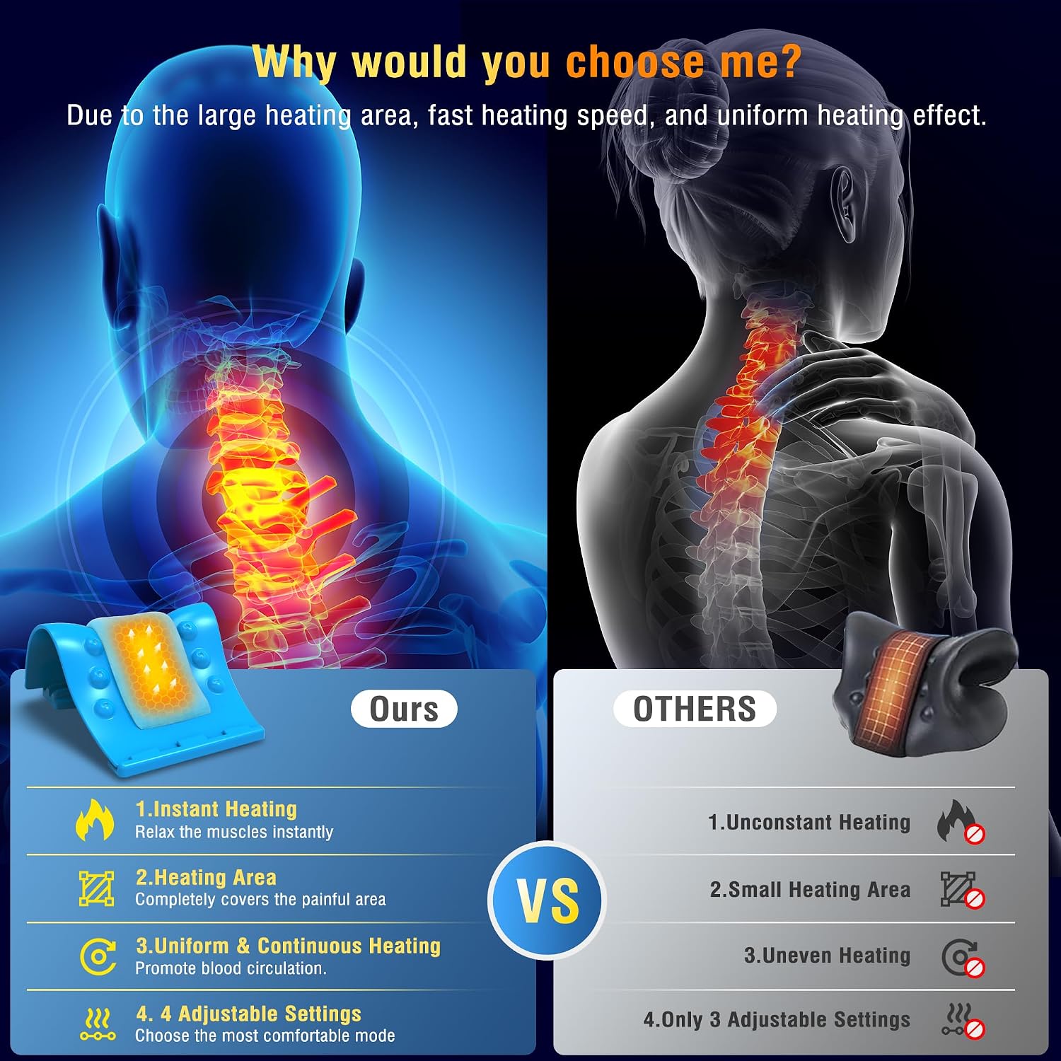 Cervical Traction Device - Heated Neck Stretcher for Instant Neck Pain Relief, Tension Headache Reduction, and TMJ Pain Relief, with Cervical Spine Pillow to Correct Neck Hump(Blue)