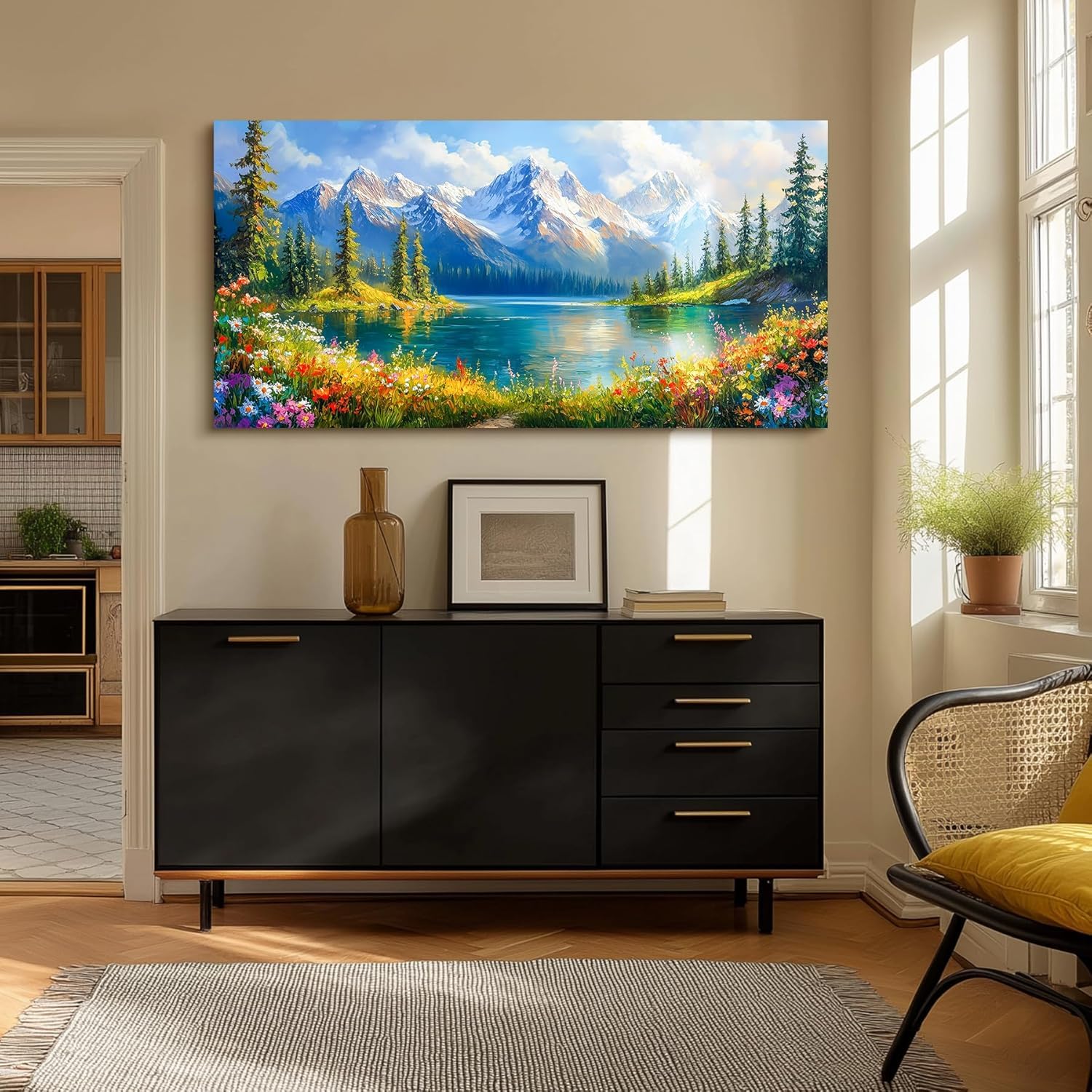 Lake Landscape Wall Art, Wildflower Snow Mountain Forest Artwork, Nature Sunny Paintings Prints Living Room Decor (60x120cm/No Frame)