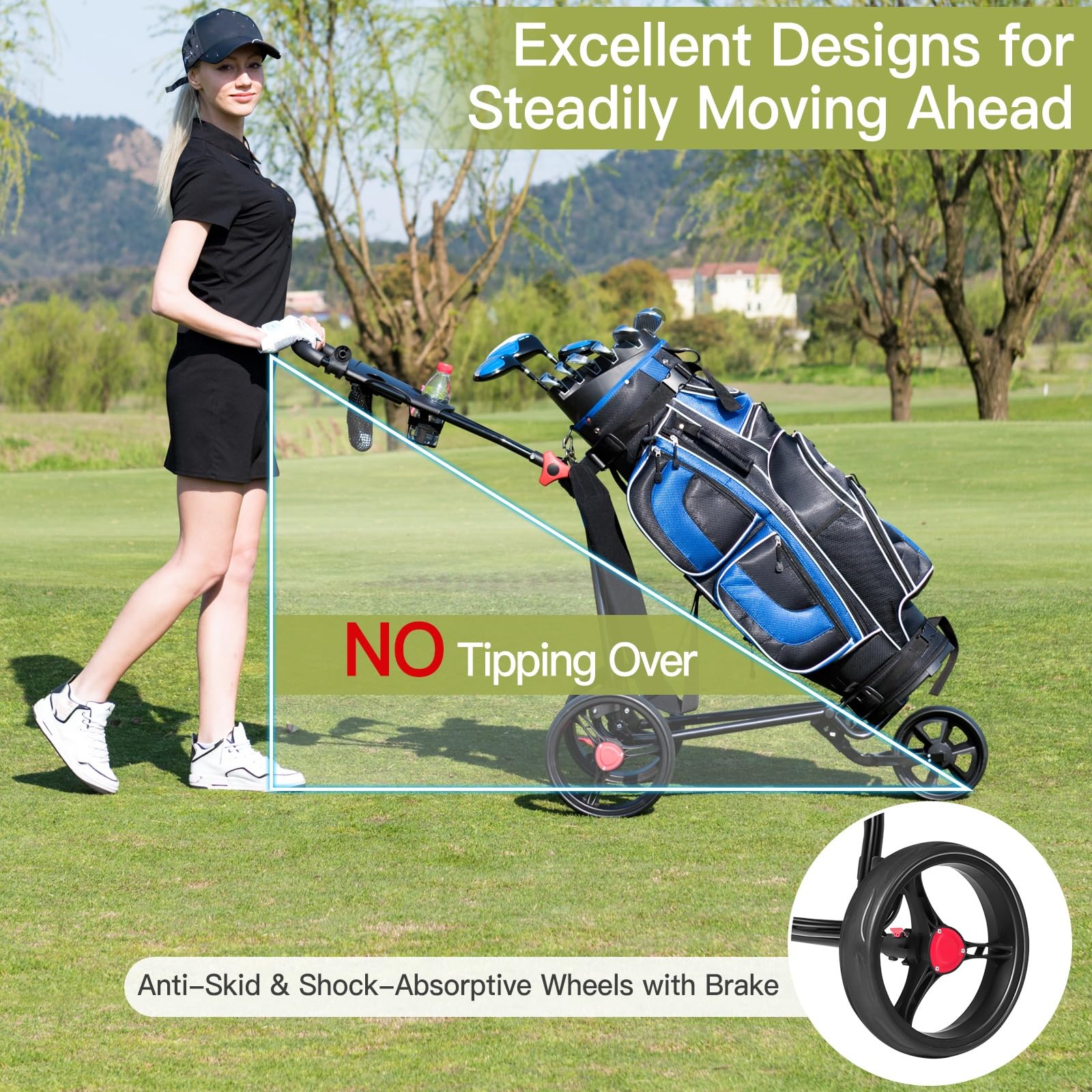 LIFEZEAL Carrito de Golf Plegable con 3 Ruedas, Carro de Golf con Mango de TPR Ajustable y Freno de Pedal, Caddy de Golf de Hierro con Paragüero, Negro