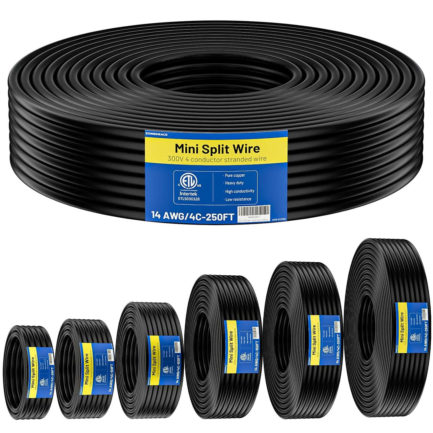 ZONEGRACE 14/4 Mini Split Cable Mini Split Communication Wire 50FT 14 AWG 4 Conductor Stranded 100% Pure Copper ETL Listed 300V 105C Color Coded for Heat Pump HVAC Thermostat