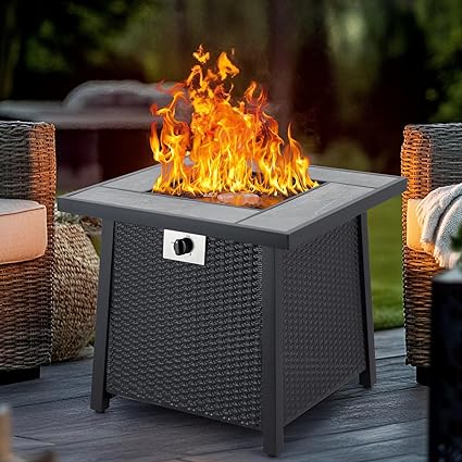 28 Inch Propane Fire Pit, CSA-Listed Outdoor Gas Fire Pit, 50,000 BTU Steel Fire Table with Lid and Lava Rock, Gas Fire Pits for Patio, Stainless Steel Burner Head for Warmth Ambiance Black