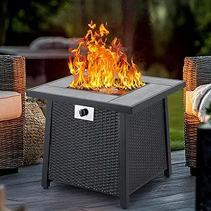28 Inch Propane Fire Pit, CSA-Listed Outdoor Gas Fire Pit, 50,000 BTU Steel Fire Table with Lid and Lava Rock, Gas Fire Pits for Patio, Stainless Steel Burner Head for Warmth Ambiance Black