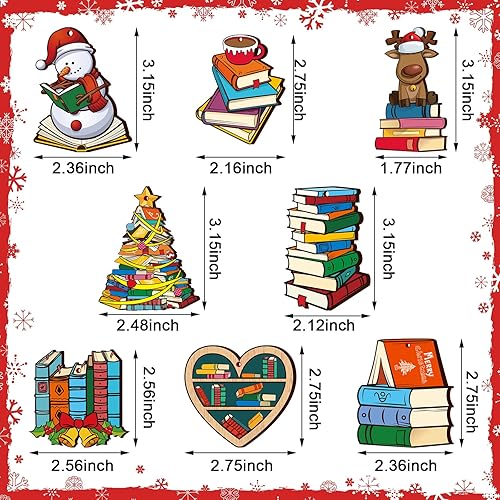 Miniatura 3 de Juego de 24 adornos colgantes para libros de Navidad, árbol de Navidad de madera, muñeco de nieve, campana, estantería de alce, adorno de lectura