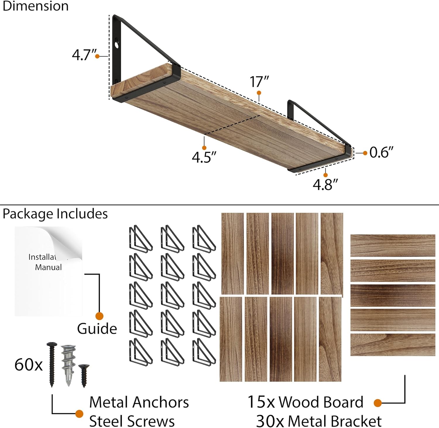 Wallniture Ponza 17'' x 4.5'' Floating Wall Shelf Bathroom, Small Wood Book Shelves for Wall Storage, Wall Mounted Shelf, Dining Room, Bedroom, Living Room, Office & Kitchen Organization, Burnt, 15pcs