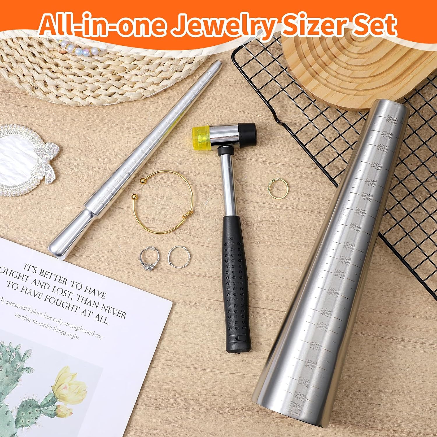 3Pcs Ring Mandrel and Bracelet Mandrel Sizer Set, Stainless Steel Ring Sizer Measuring Tool with Rubber Mallet for Jewelry Making, Repairing Rings and Bracelets