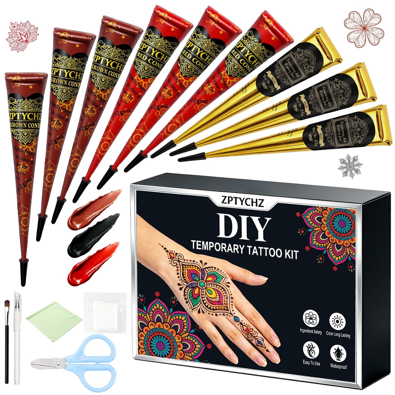 9PCS Temporary Tattoos Kit, 9 Pcs 3Color(Reddish brown, Black, Cherry Red) Ink with Gloves,Makeup Brush,DIY Body Art Painting for Women Men Adults Kids, Festivals & Parties