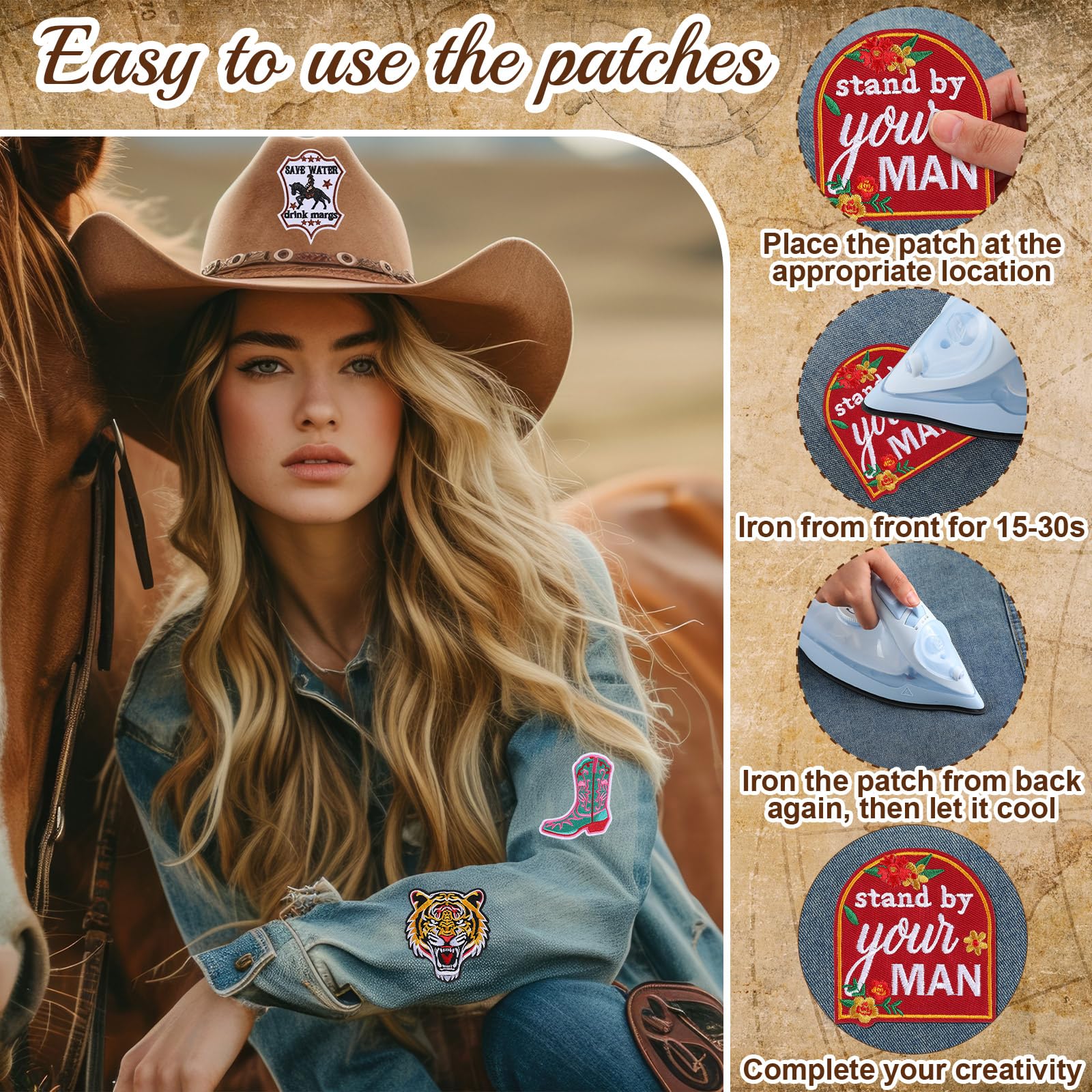 Lyrow 50 parches bordados de vaquero occidentales para planchar para sombrero, chaqueta de mezclilla, mochila, accesorios de ropa, apliques para coser en rodeo, parche de reparación del salvaje oeste,